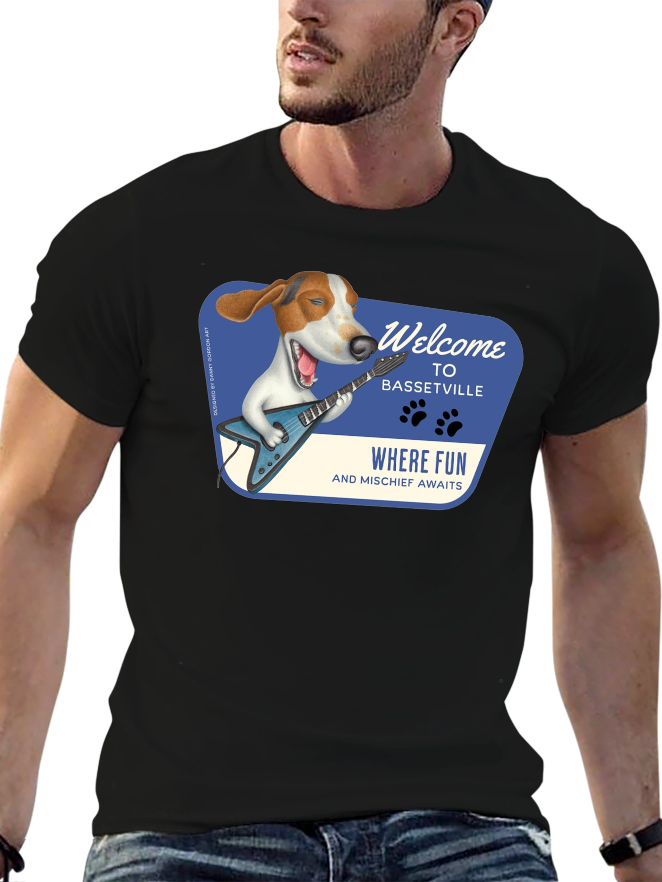 Black Bassetville Dog Guitarist Graphic Tee view 6