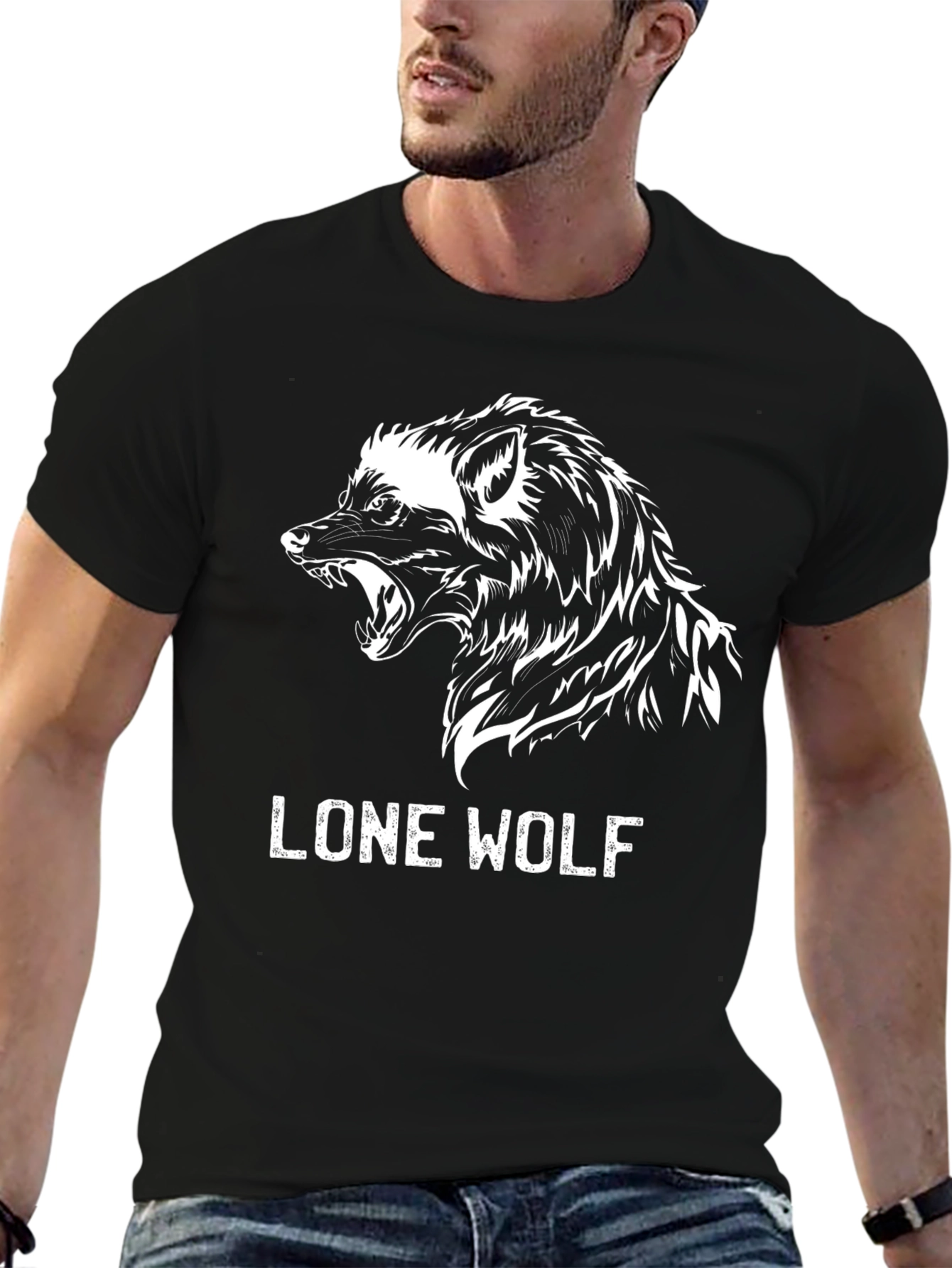 Black Lone Wolf Graphic Tee - Black Cotton T-Shirt view 6