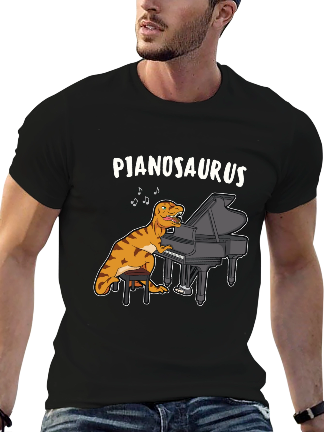 Black Pjanosaurus T-Shirt - Dinosaur Playing Piano Funny Tee view 6