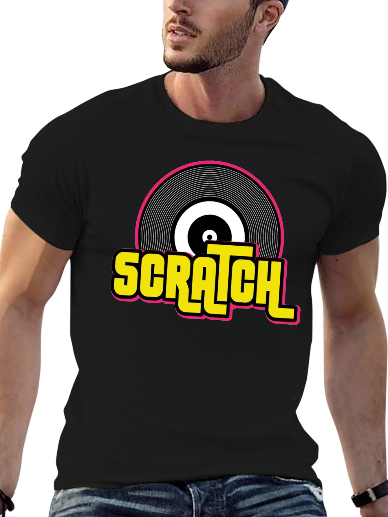 Black Scratch Record Graphic T-Shirt - Retro DJ Music Tee view 6