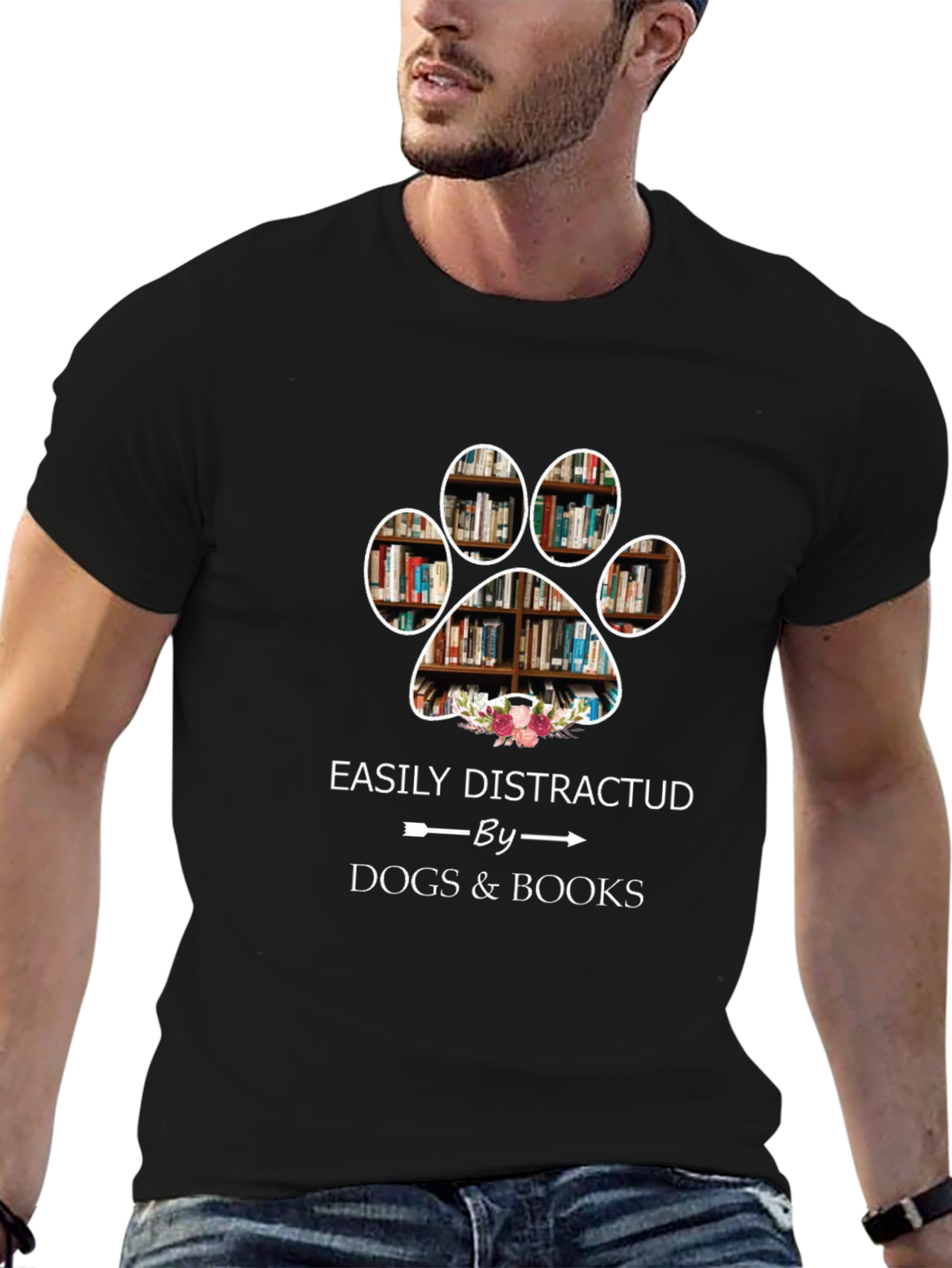 Black Easily Distracted by Dogs & Books T-Shirt view 6