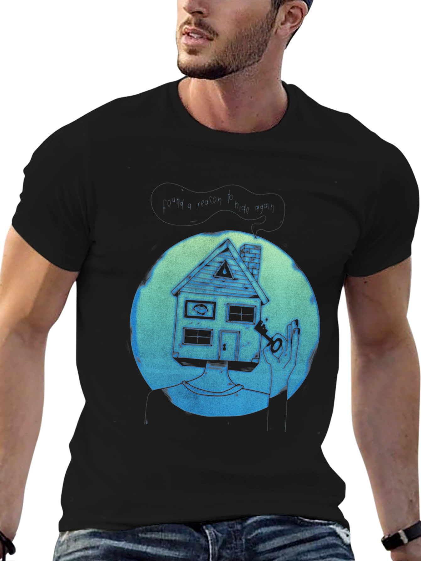 Black Surreal House Head T-Shirt view 6