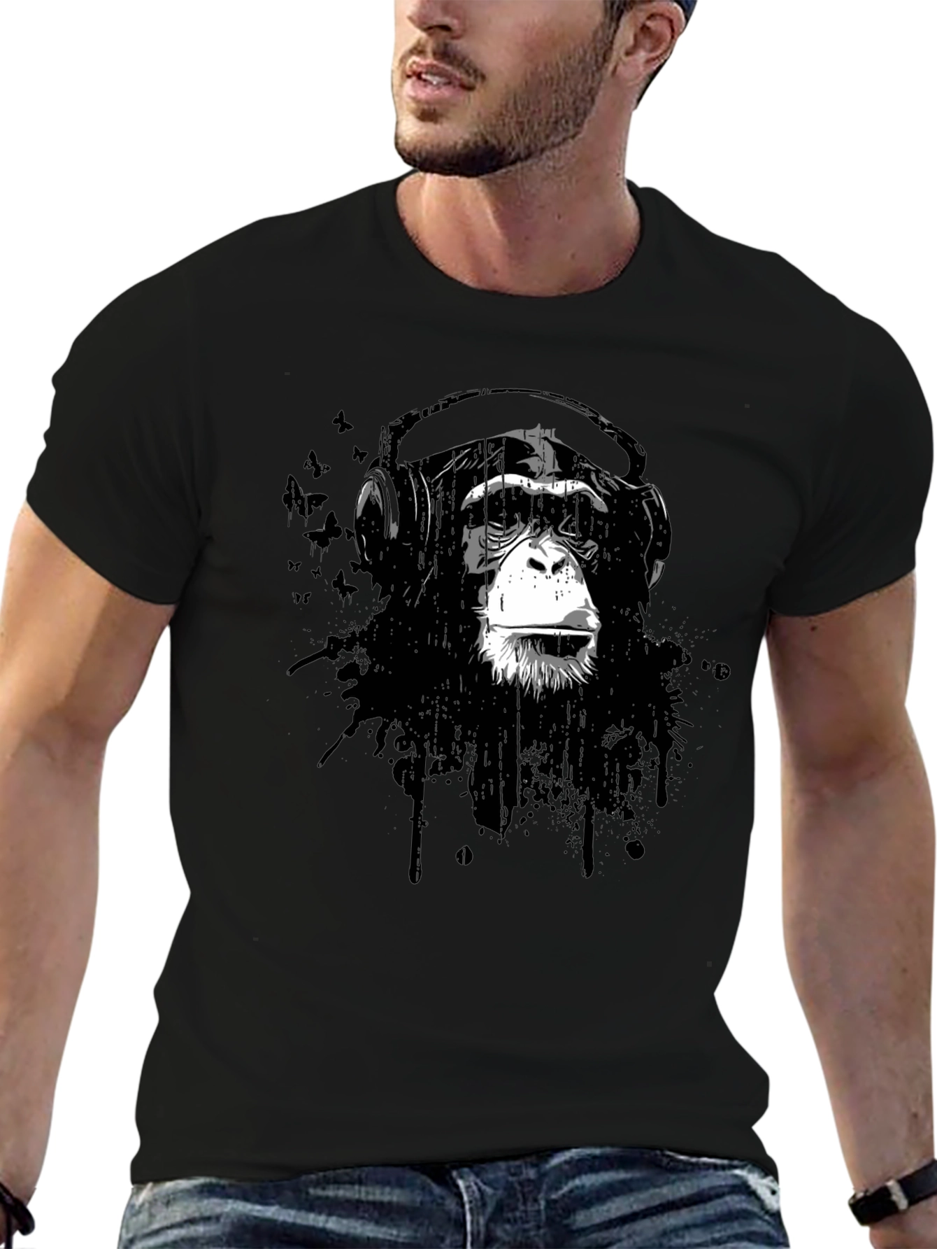 Black Cool Monkey Headphone Graphic T-Shirt view 6