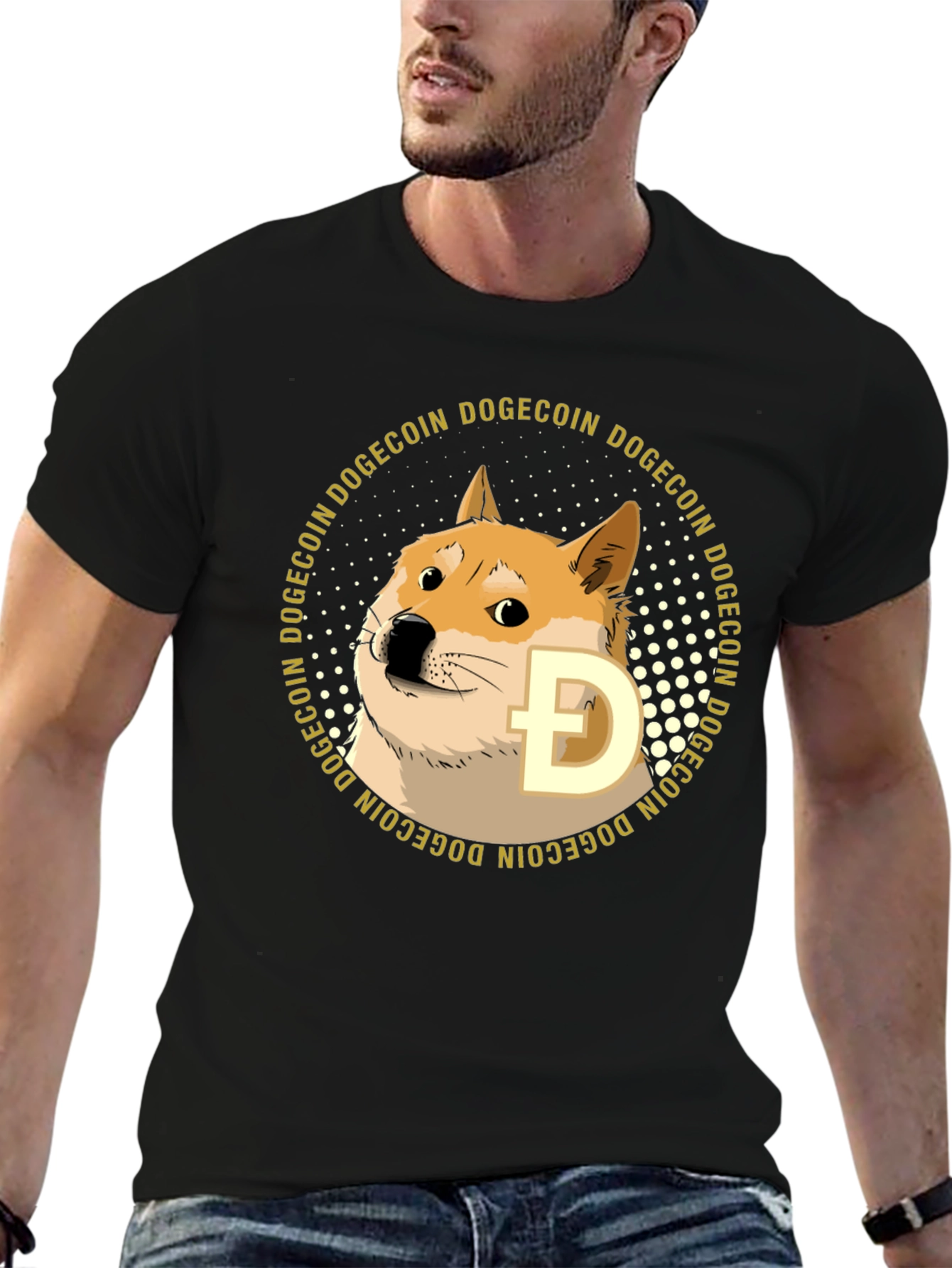 Black Dogecoin Crypto T-Shirt - Black Crew Neck Tee view 6