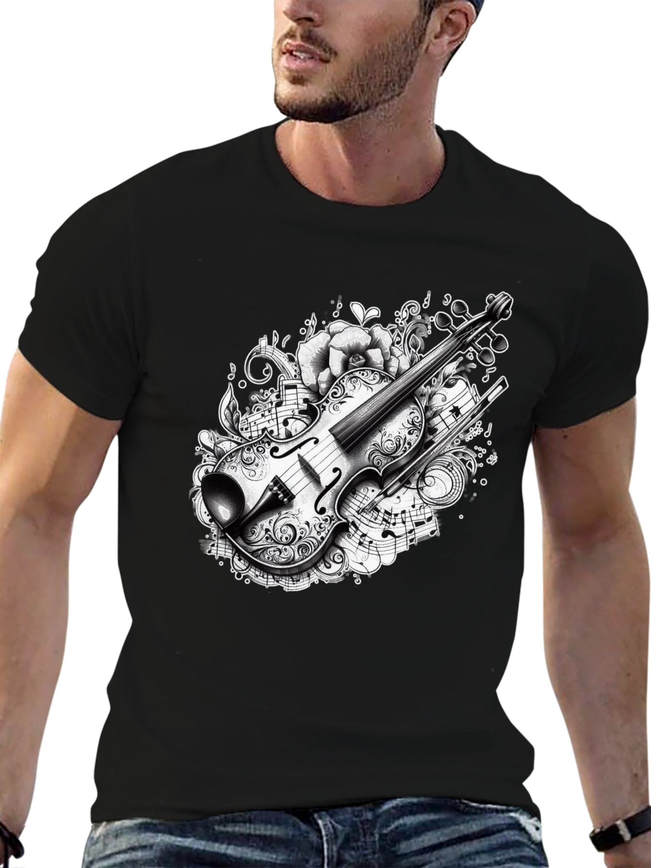 Black Musical Violin Graphic Black T-Shirt view 6