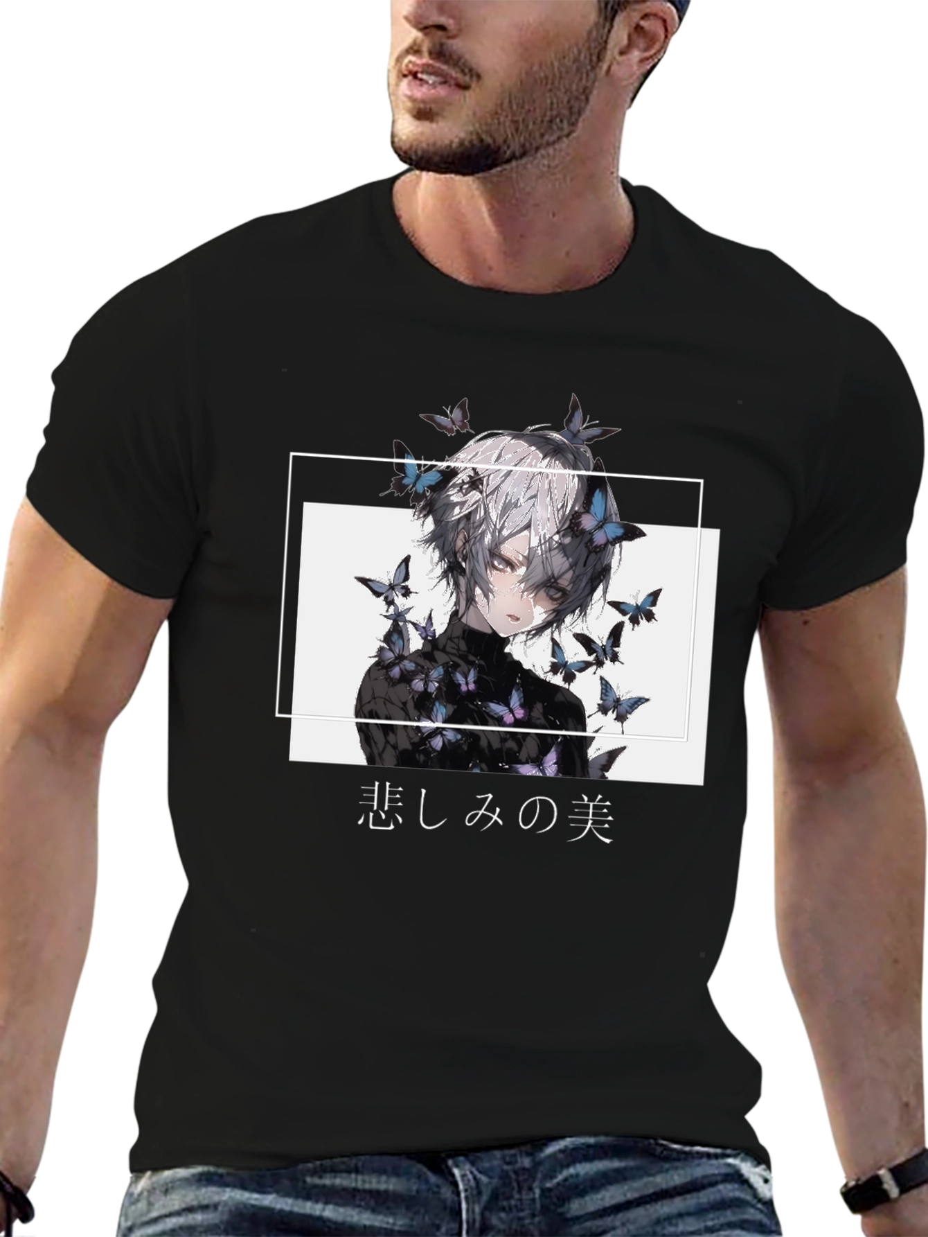 Black Anime Butterfly Graphic Black T-Shirt view 6