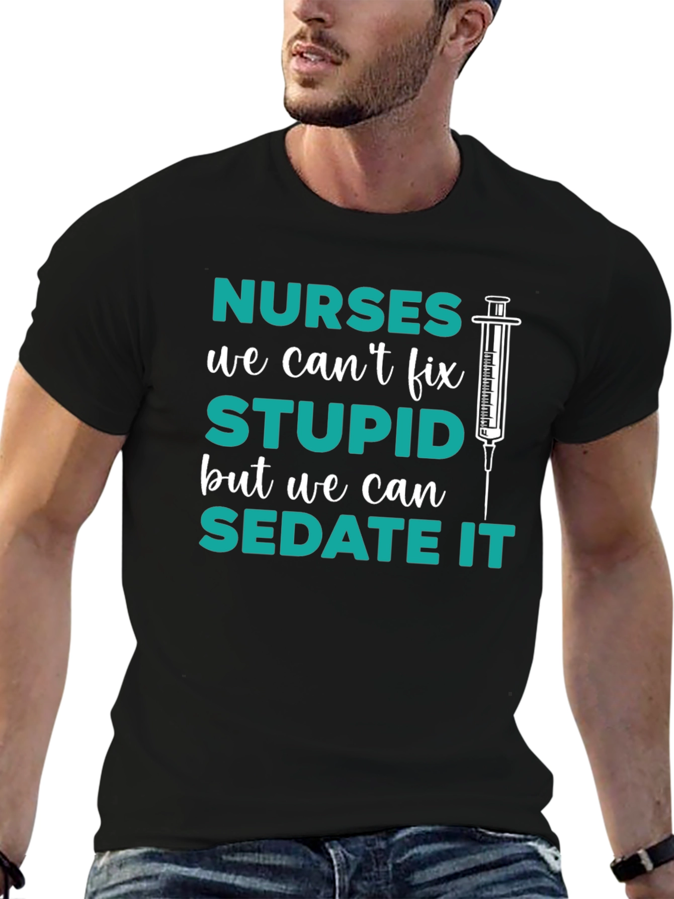 Black Funny Nurse T-Shirt - Sedate Stupid view 6