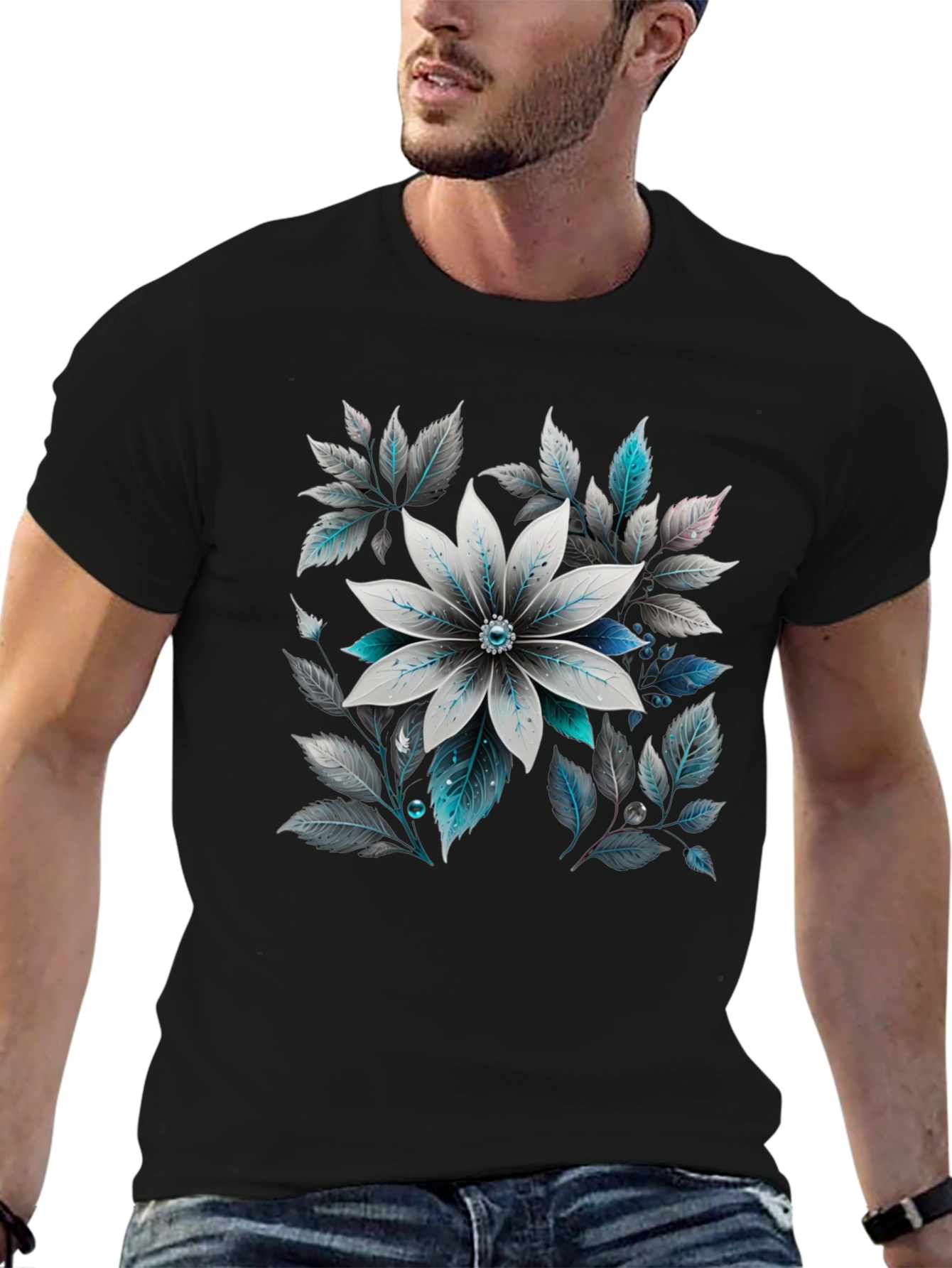 Black Floral Graphic Tee - Black Cotton Blend view 6