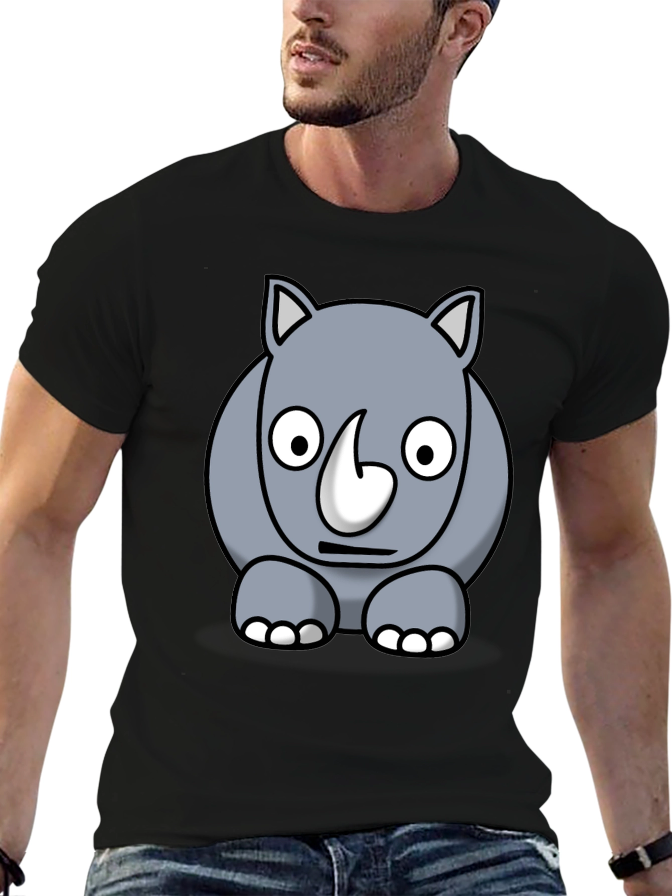Black Cartoon Rhino Graphic Tee - Black Cotton T-Shirt view 6
