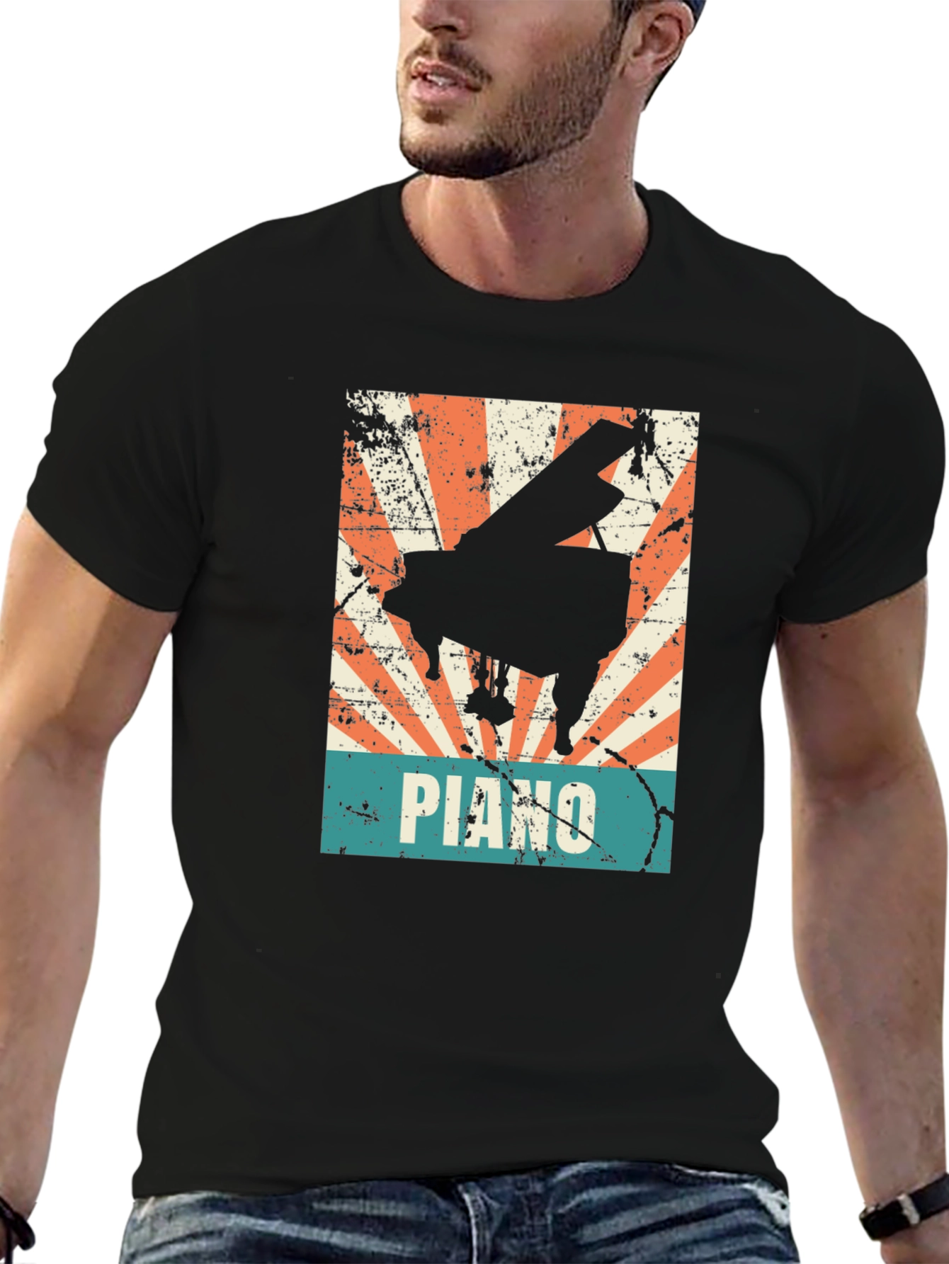 Black Retro Piano Graphic Tee - Vintage Style Musician T-Shirt view 6