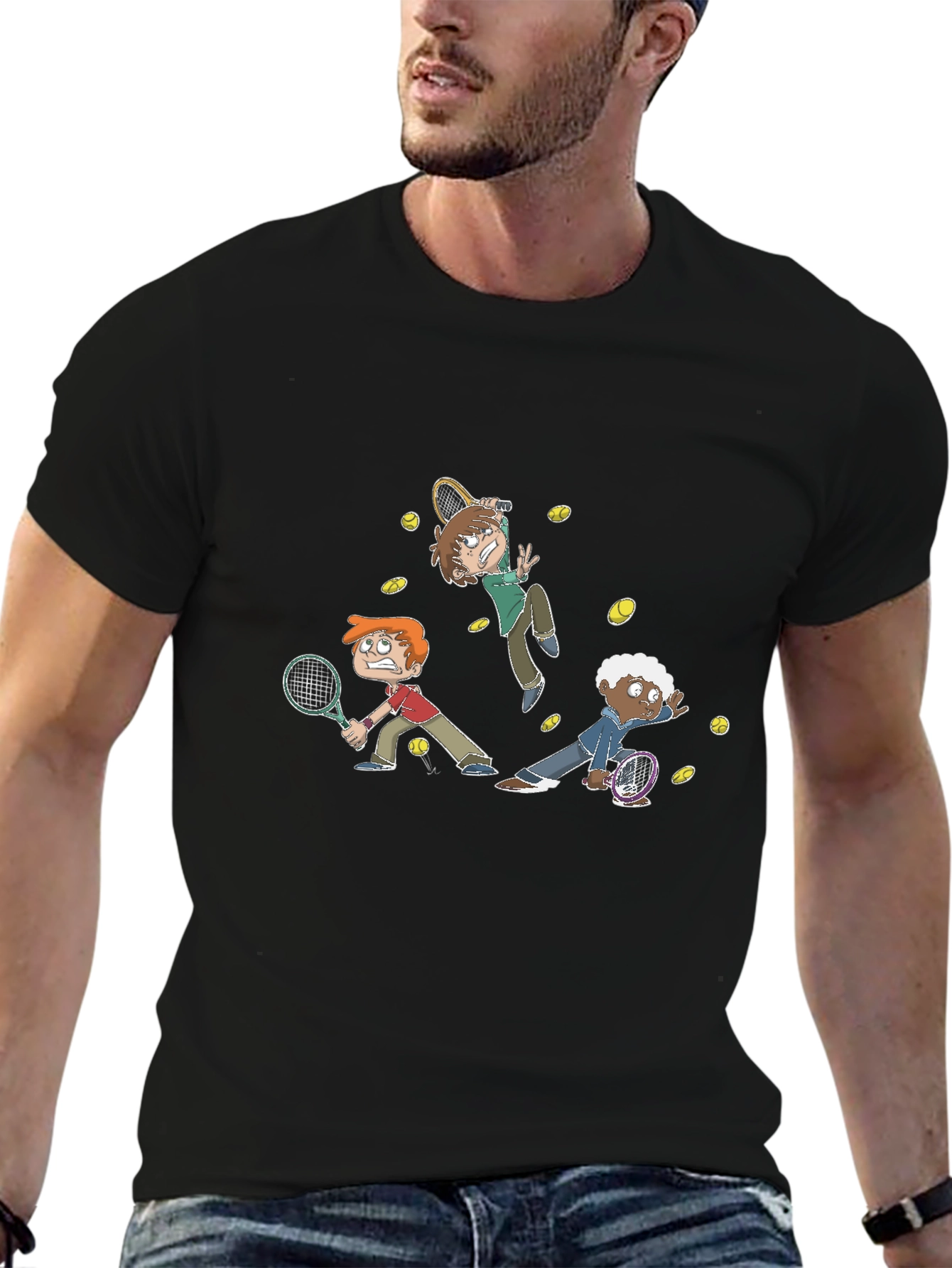 Black Tennis Cartoon Graphic Black T-Shirt view 6