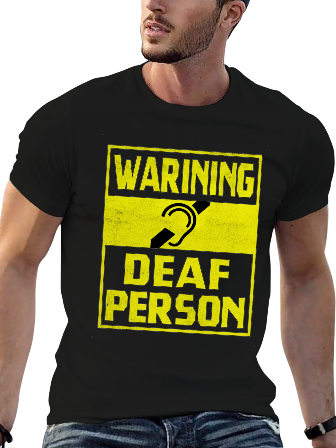 Black Warning Deaf Person Graphic T-Shirt view 6