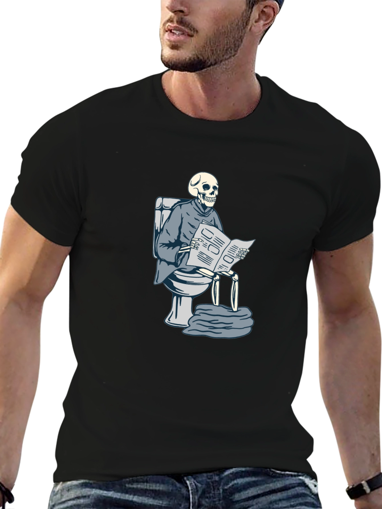 Black Skeleton on Toilet Reading T-Shirt view 6