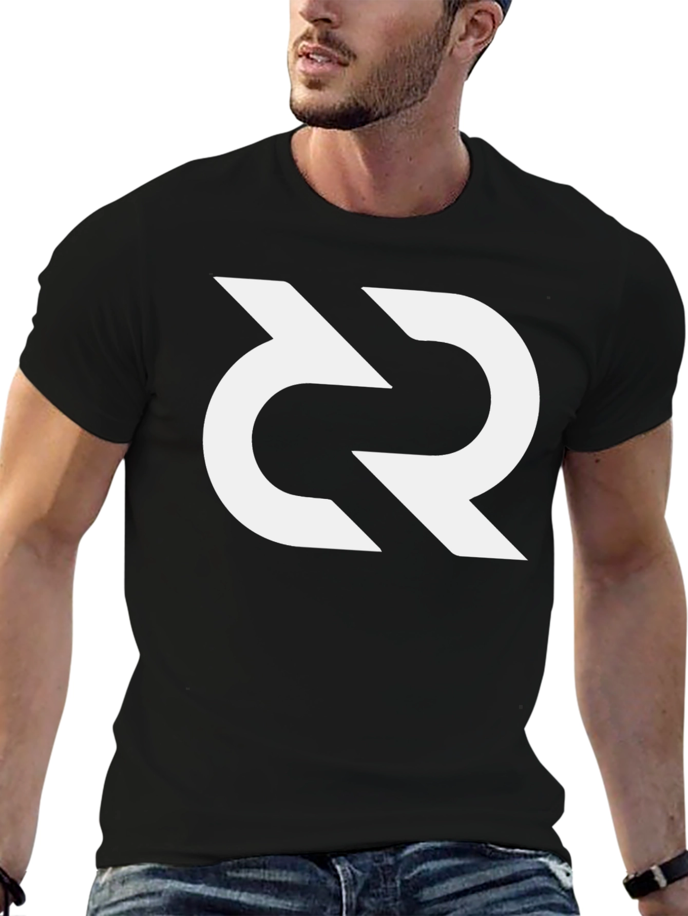 Black Modern Graphic Tee - Black Cotton with White Abstract Logo view 6