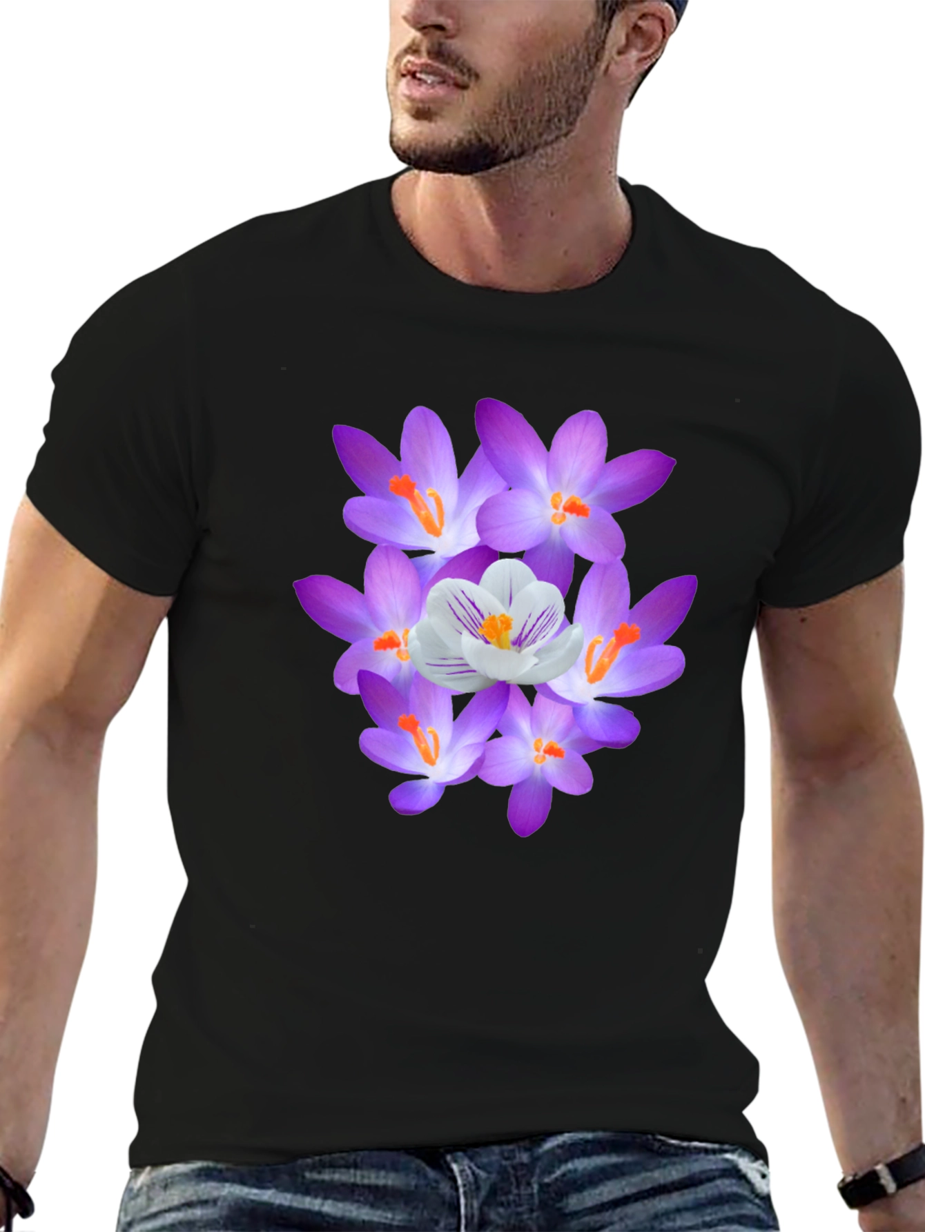 Black Floral Graphic Tee - Crocus Design, Soft Cotton Blend view 6