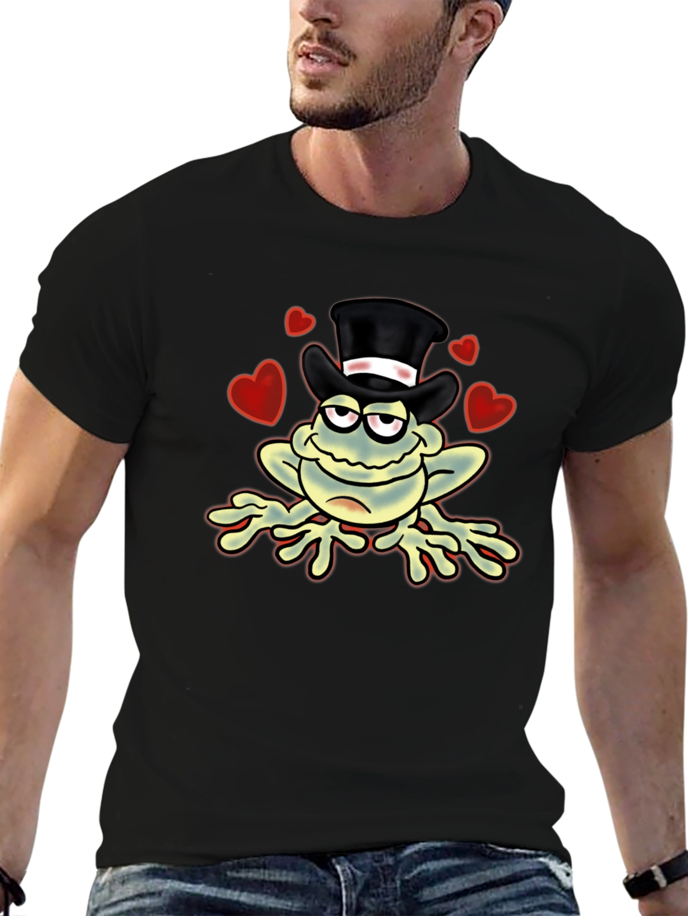 Black Top Hat Frog Graphic Tee - Novelty Cartoon Print T-Shirt view 6