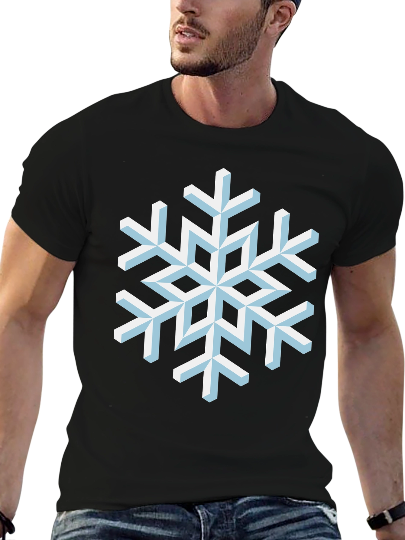 Black Geometric Snowflake Graphic Tee - Black Cotton Shirt view 6