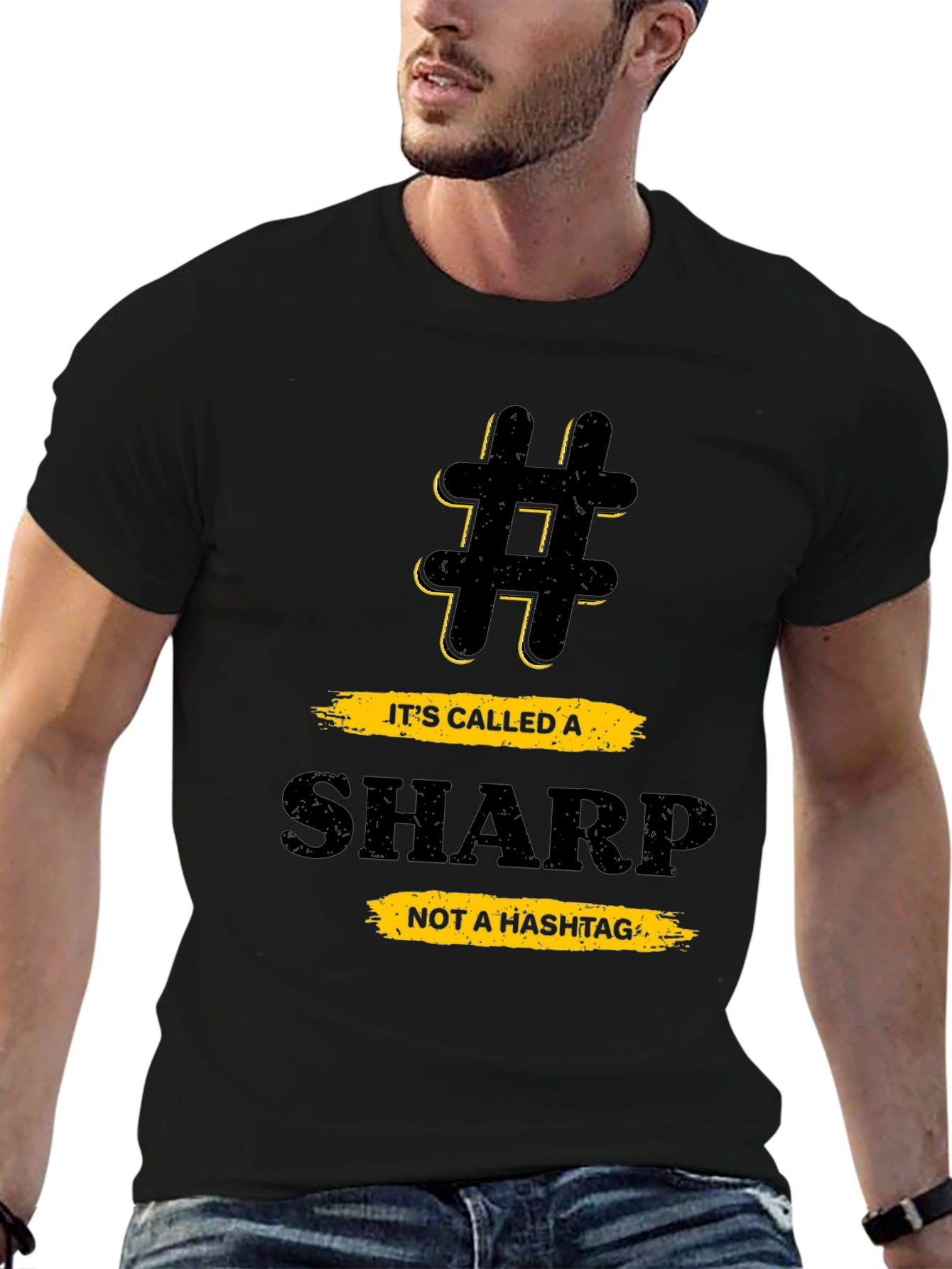 Black Funny Music Theory T-Shirt - Sharp Not a Hashtag view 6