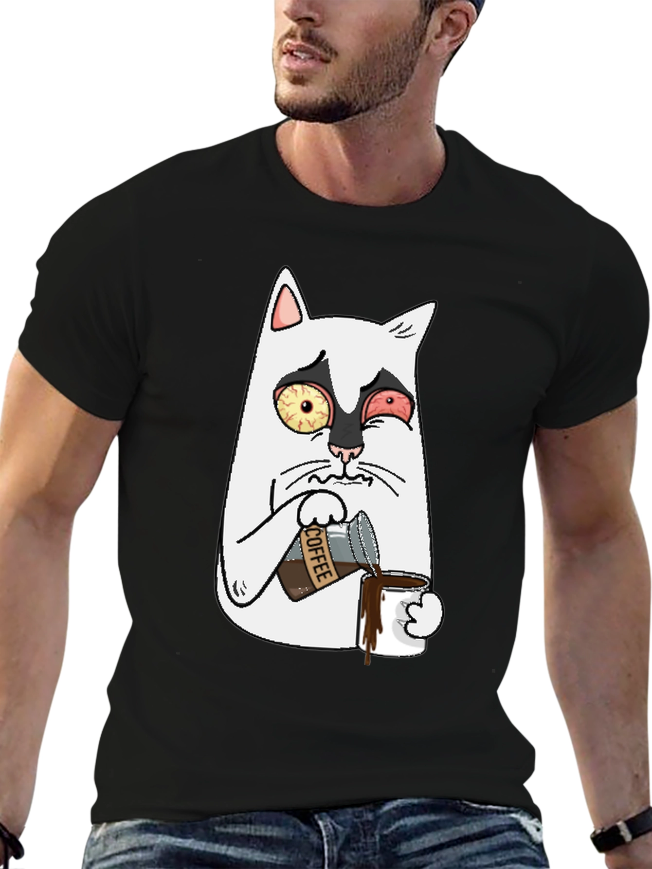 Black Funny Cat Coffee T-Shirt view 6