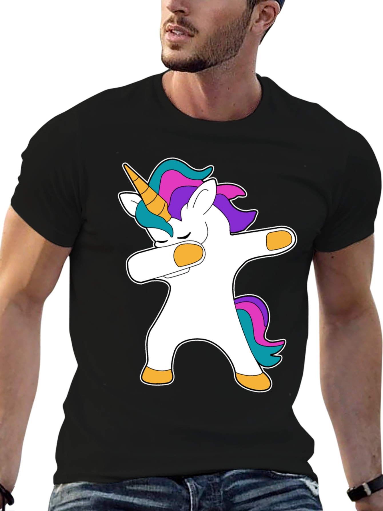 Black Dabbing Unicorn Graphic T-Shirt - Black Cotton Tee view 6