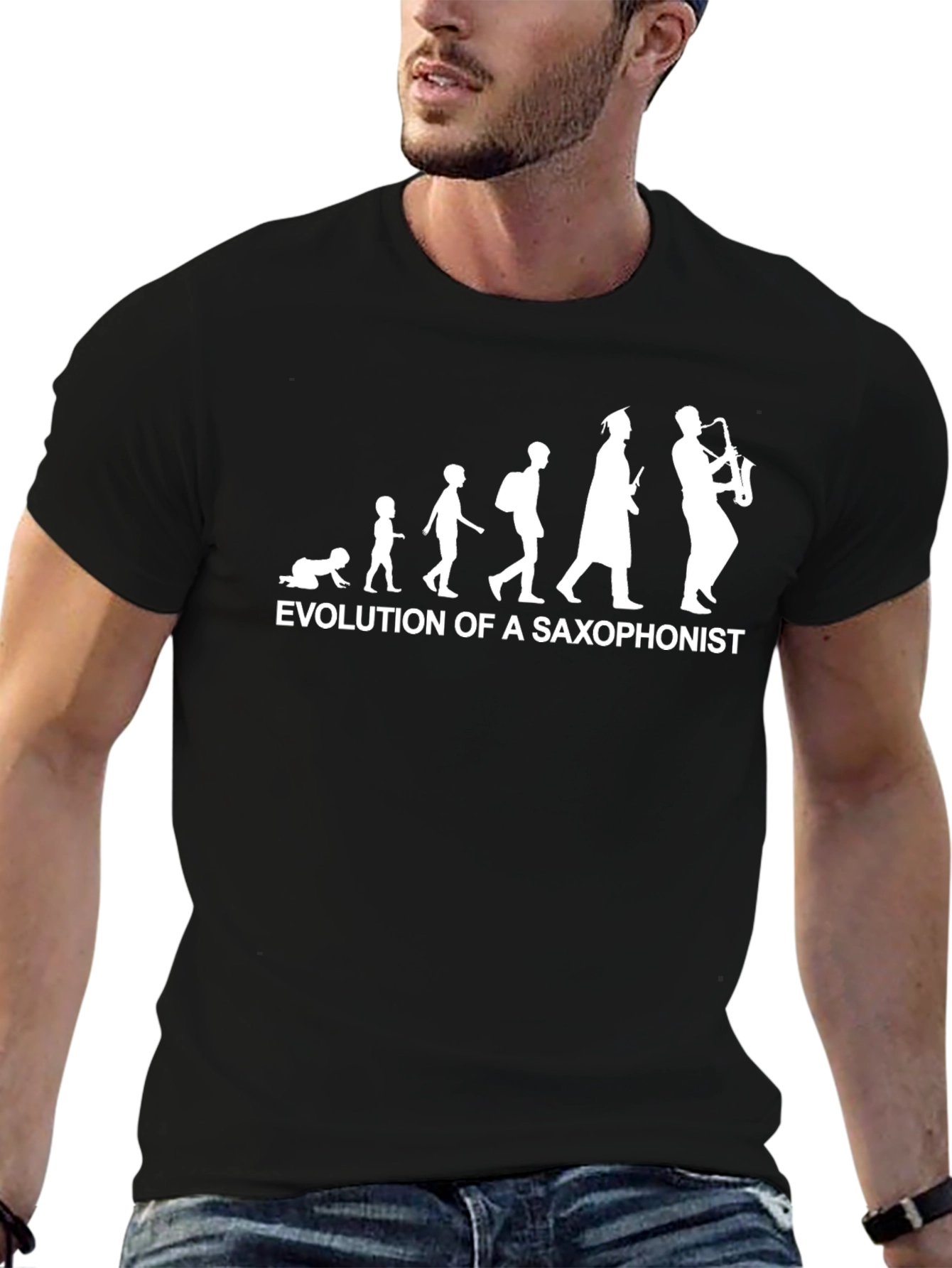 Black Evolution of Saxophonist Black Cotton T-Shirt view 6