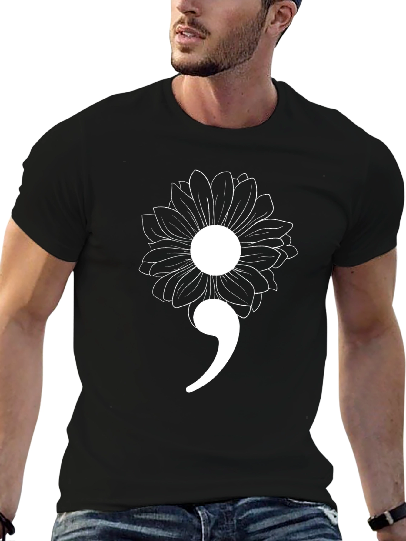 Black Semicolon Flower Mental Health Awareness Graphic Tee view 6