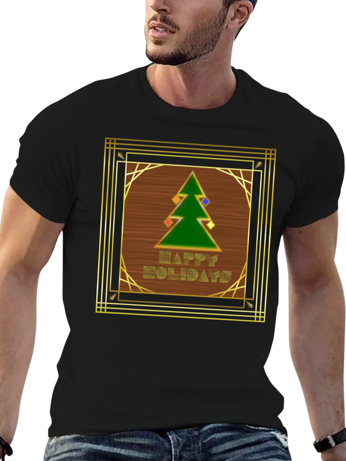 Black Art Deco Holiday T-Shirt - Happy Holidays Tree Design view 6