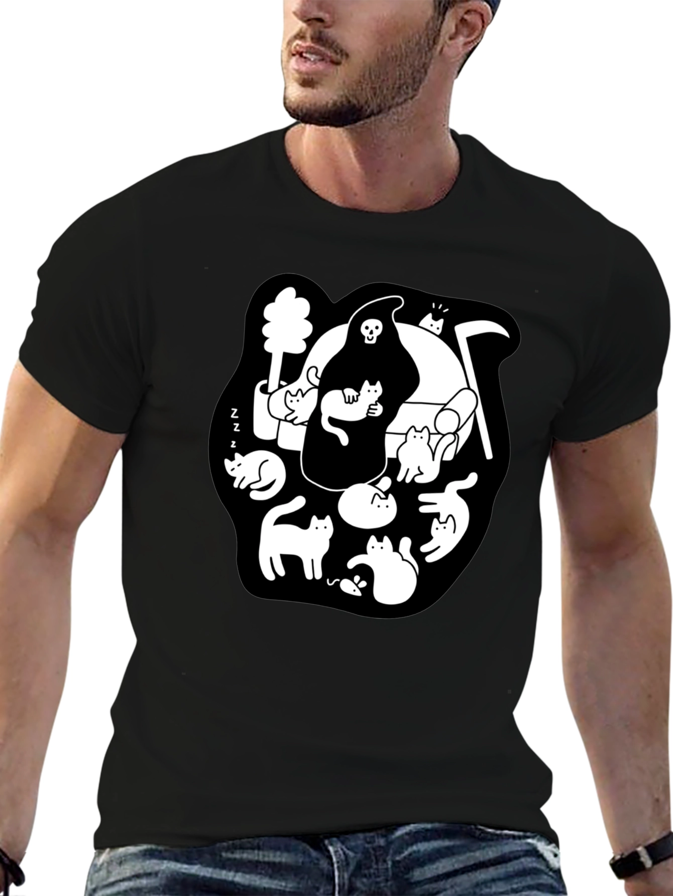 Black Grim Reaper & Cats Graphic Black T-Shirt view 6
