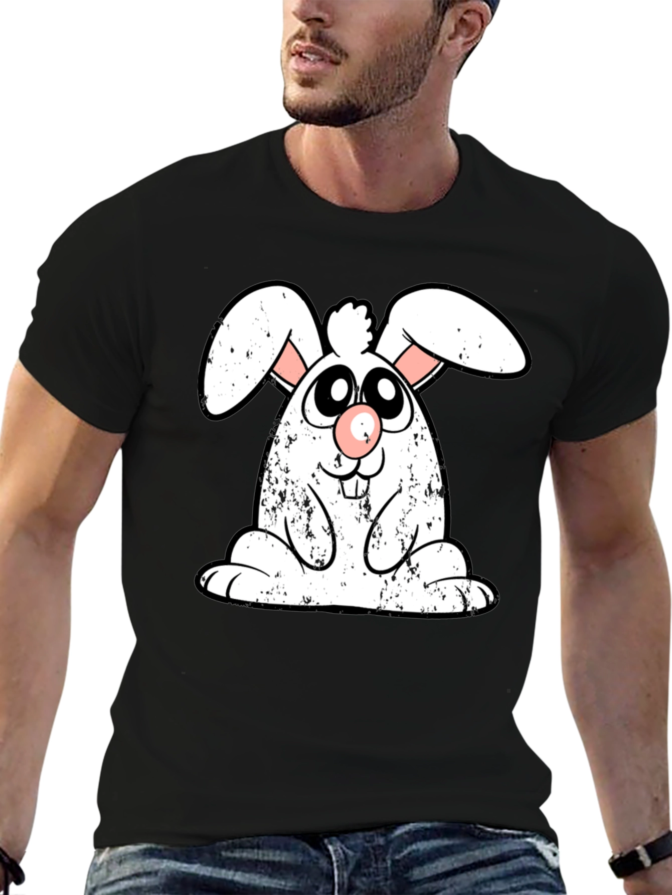 Black Cute Cartoon Bunny Graphic Print Black T-Shirt view 6
