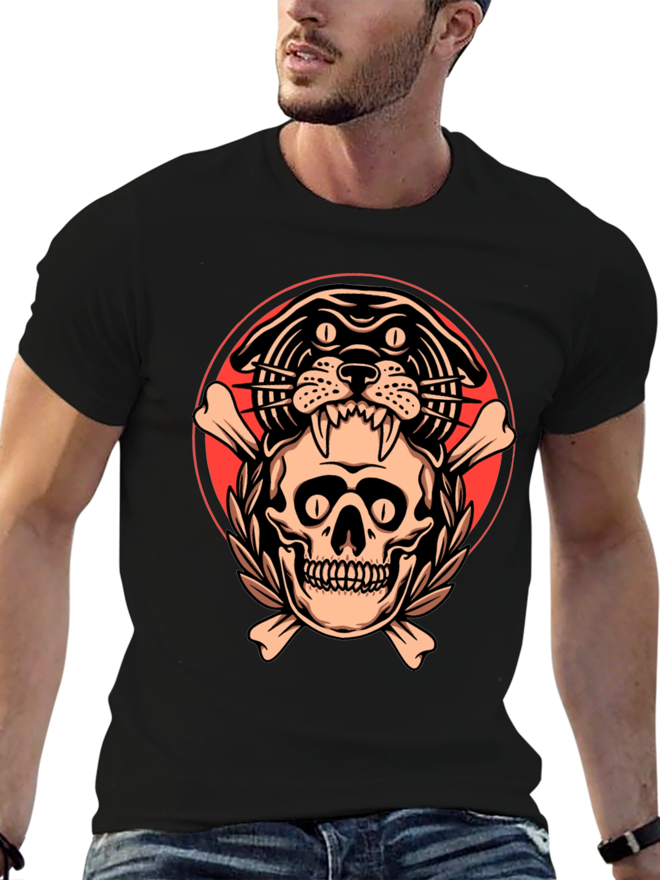Black Skull & Panther Graphic Tee - Men's Black T-Shirt view 6