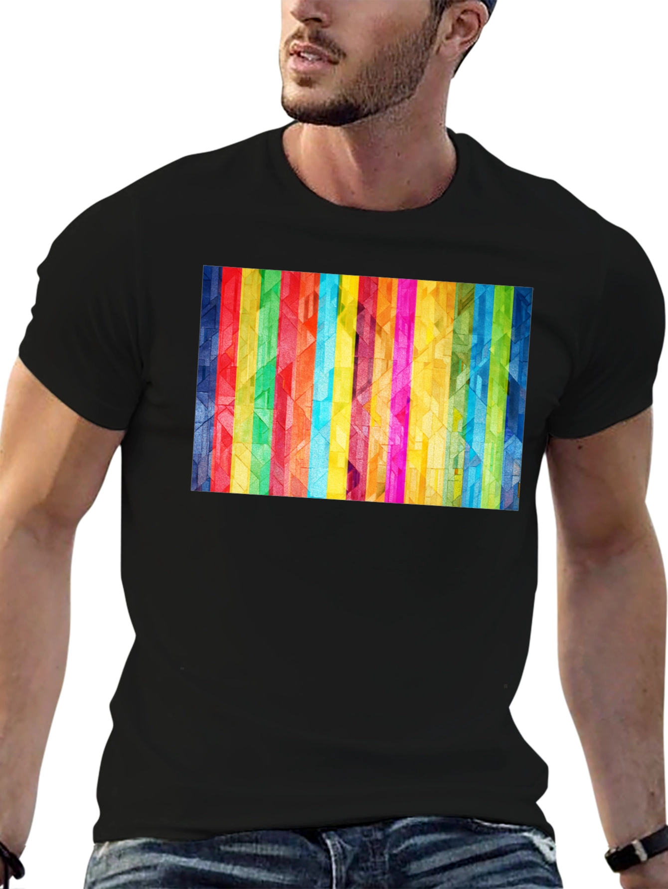 Black Geometric Rainbow Stripe Graphic Tee view 6
