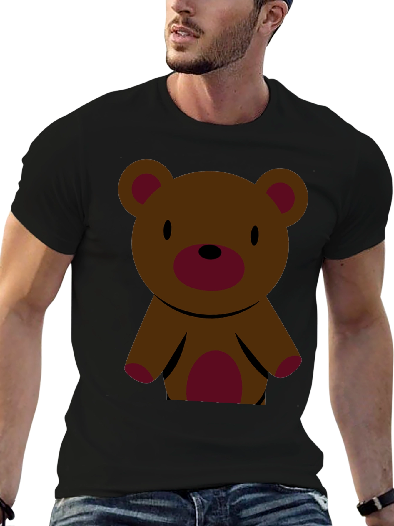 Black Cute Teddy Bear Graphic Tee - Black Cotton T-Shirt view 6