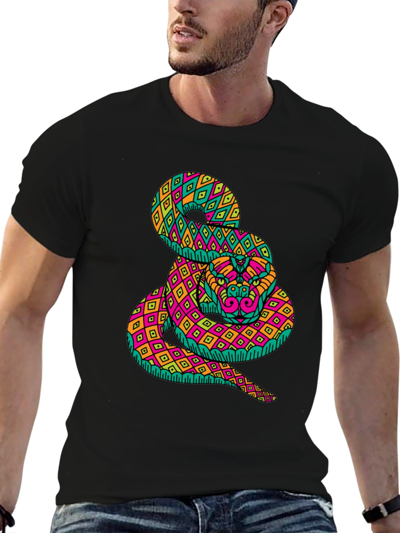 Black Psychedelic Snake Graphic Tee - Bold Black T-Shirt view 6