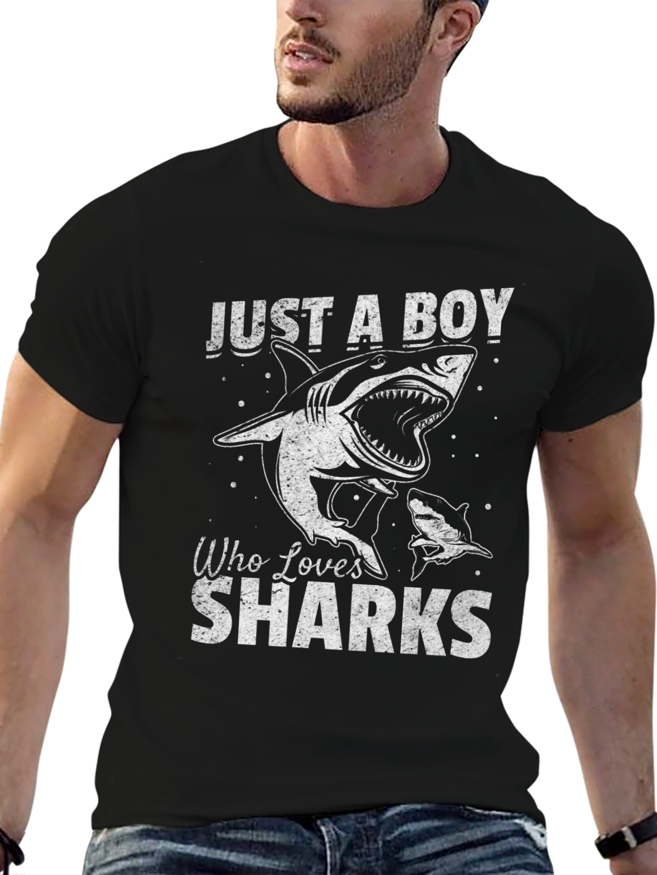 Black Just A Boy Who Loves Sharks T-Shirt view 6