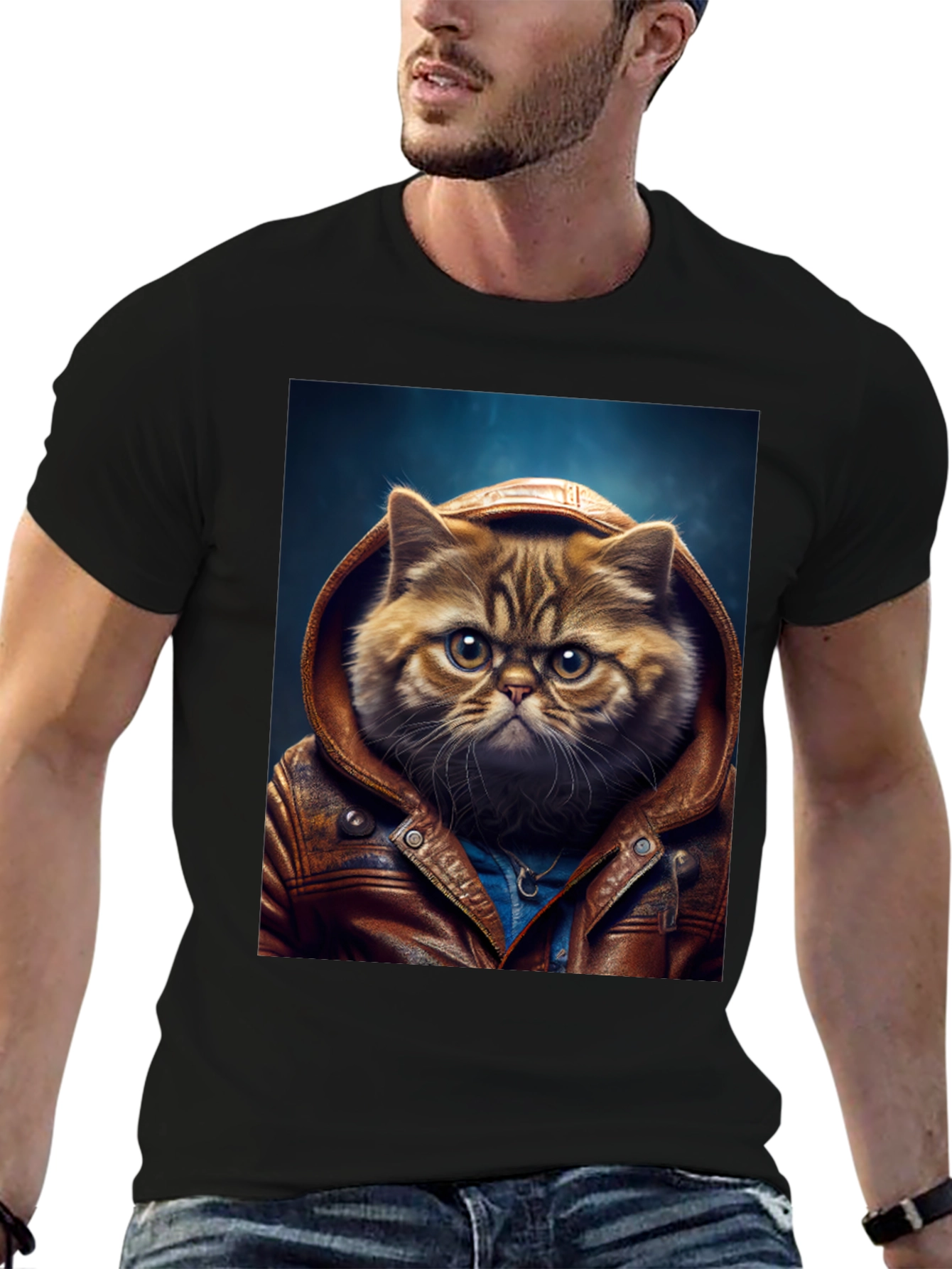 Black Cat in Leather Jacket Graphic T-Shirt view 6