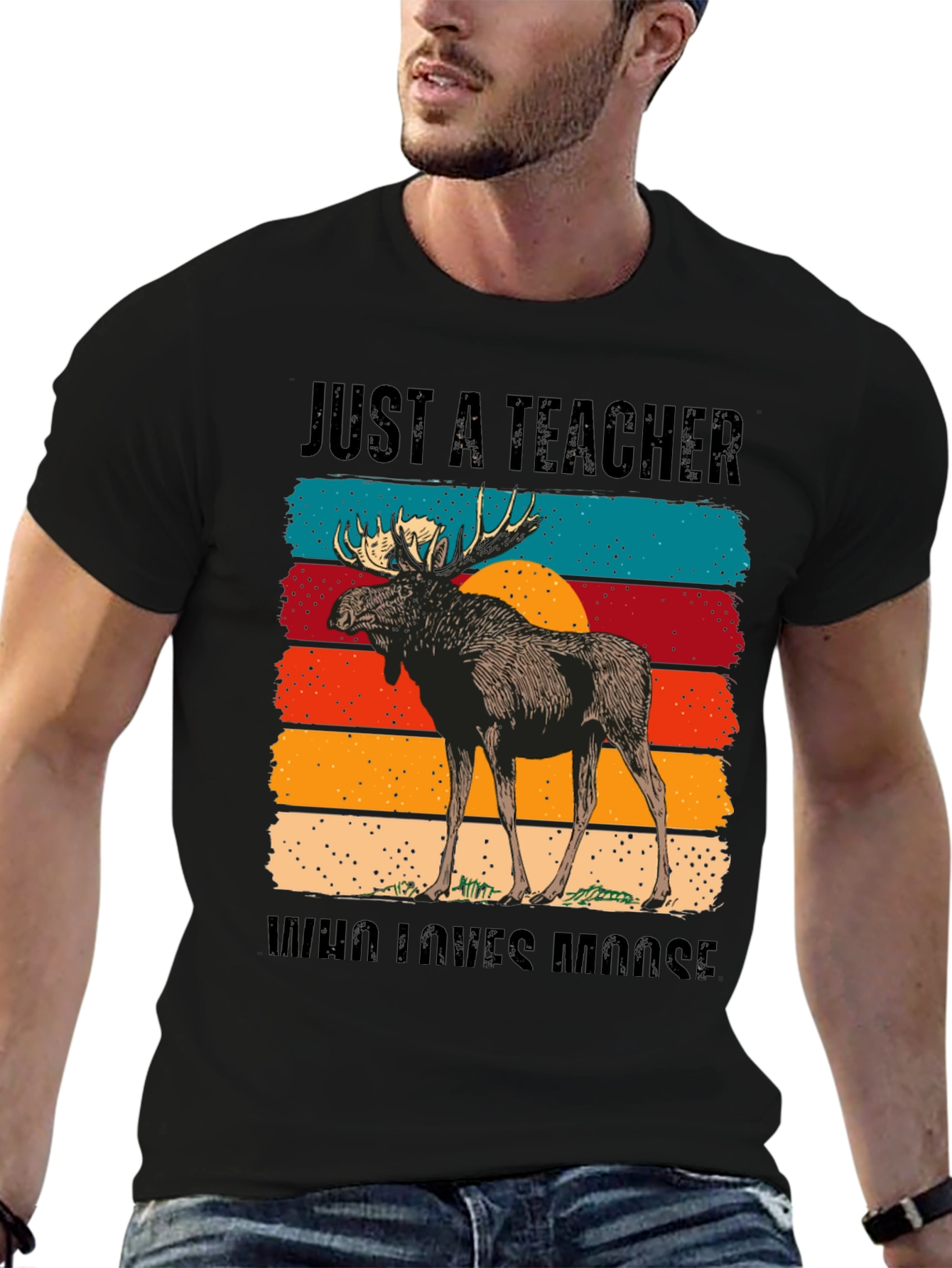 Black Just A Teacher Who Loves Moose T-Shirt view 6