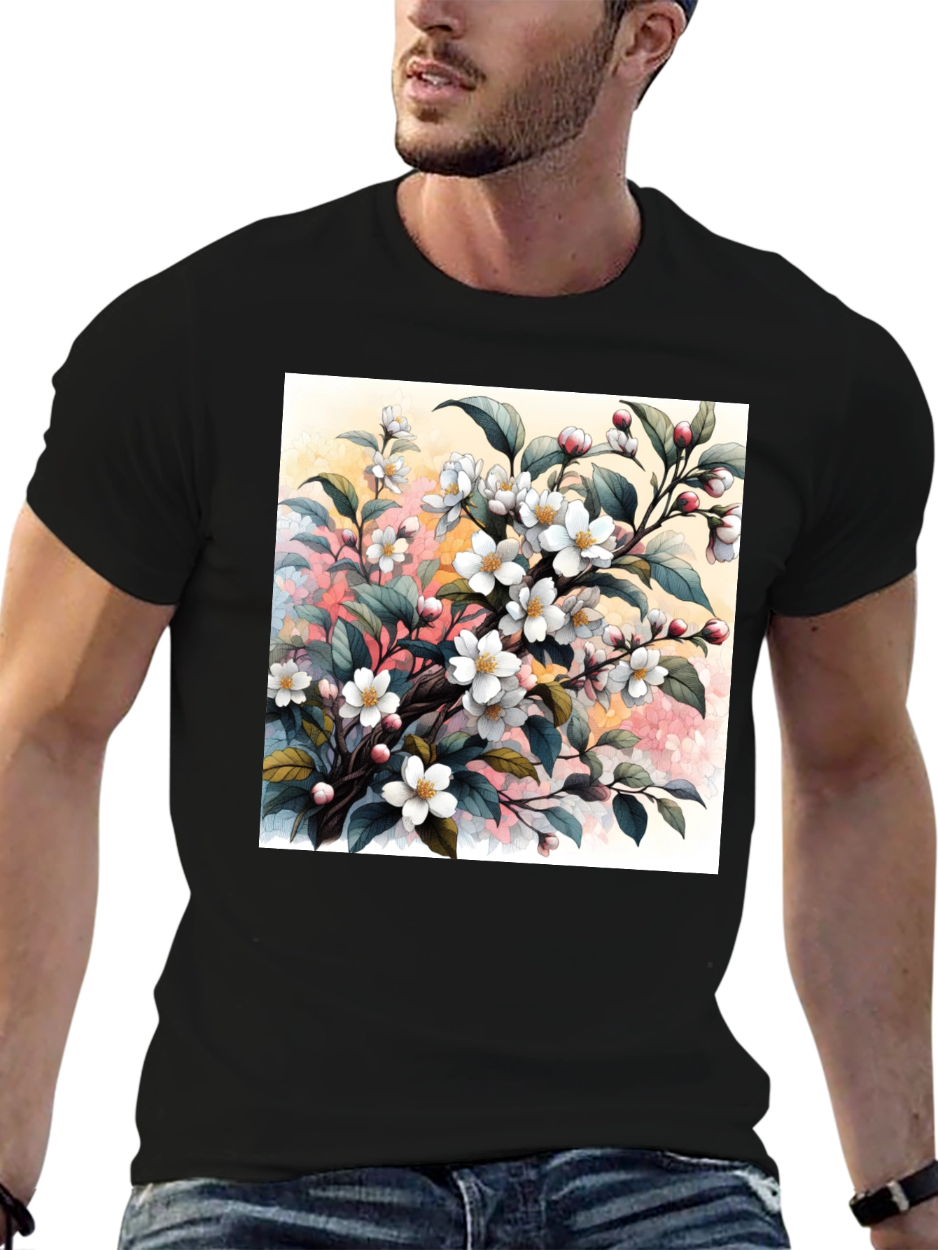 Black Floral Blossom T-Shirt - Artistic Botanical Design view 6