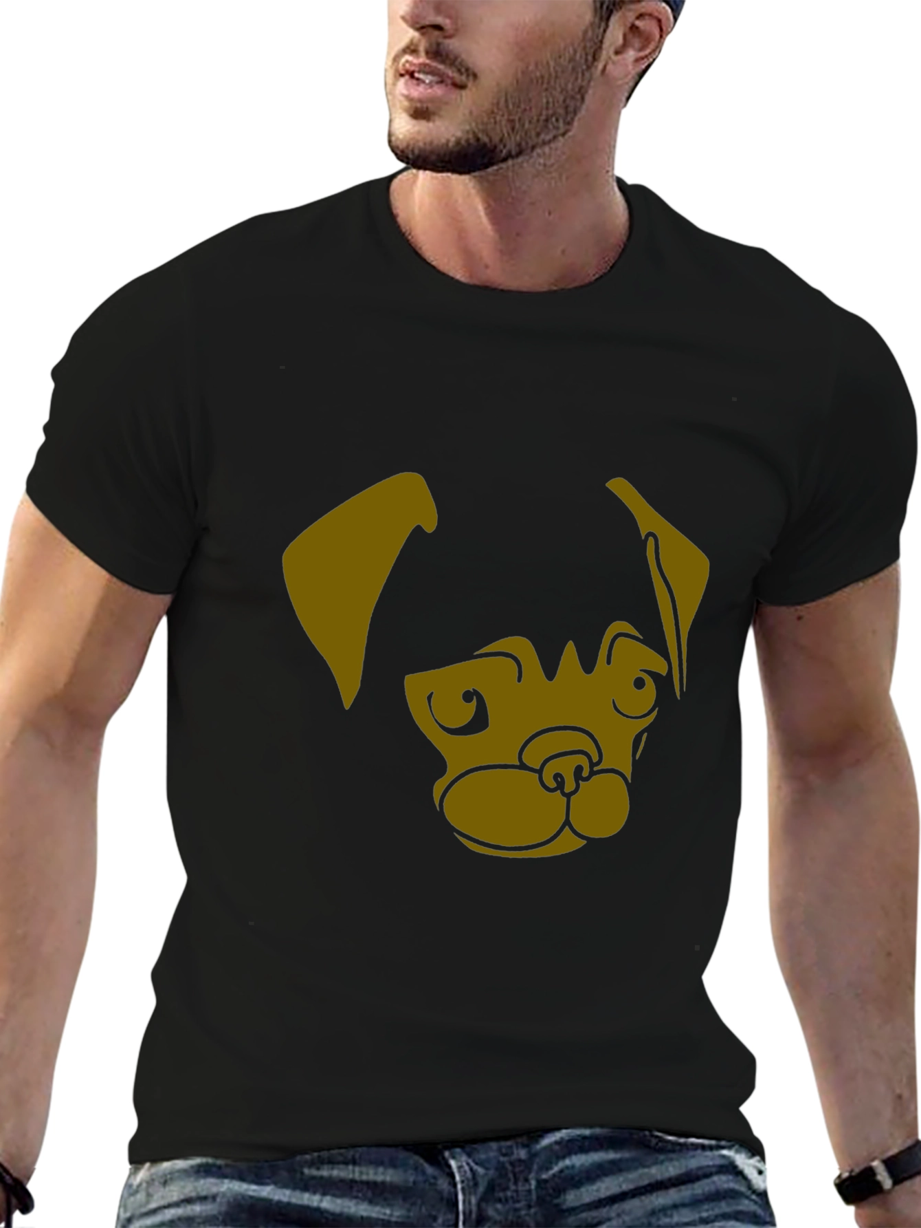 Black Men's Black T-Shirt with Pug Dog Graphic Print view 6