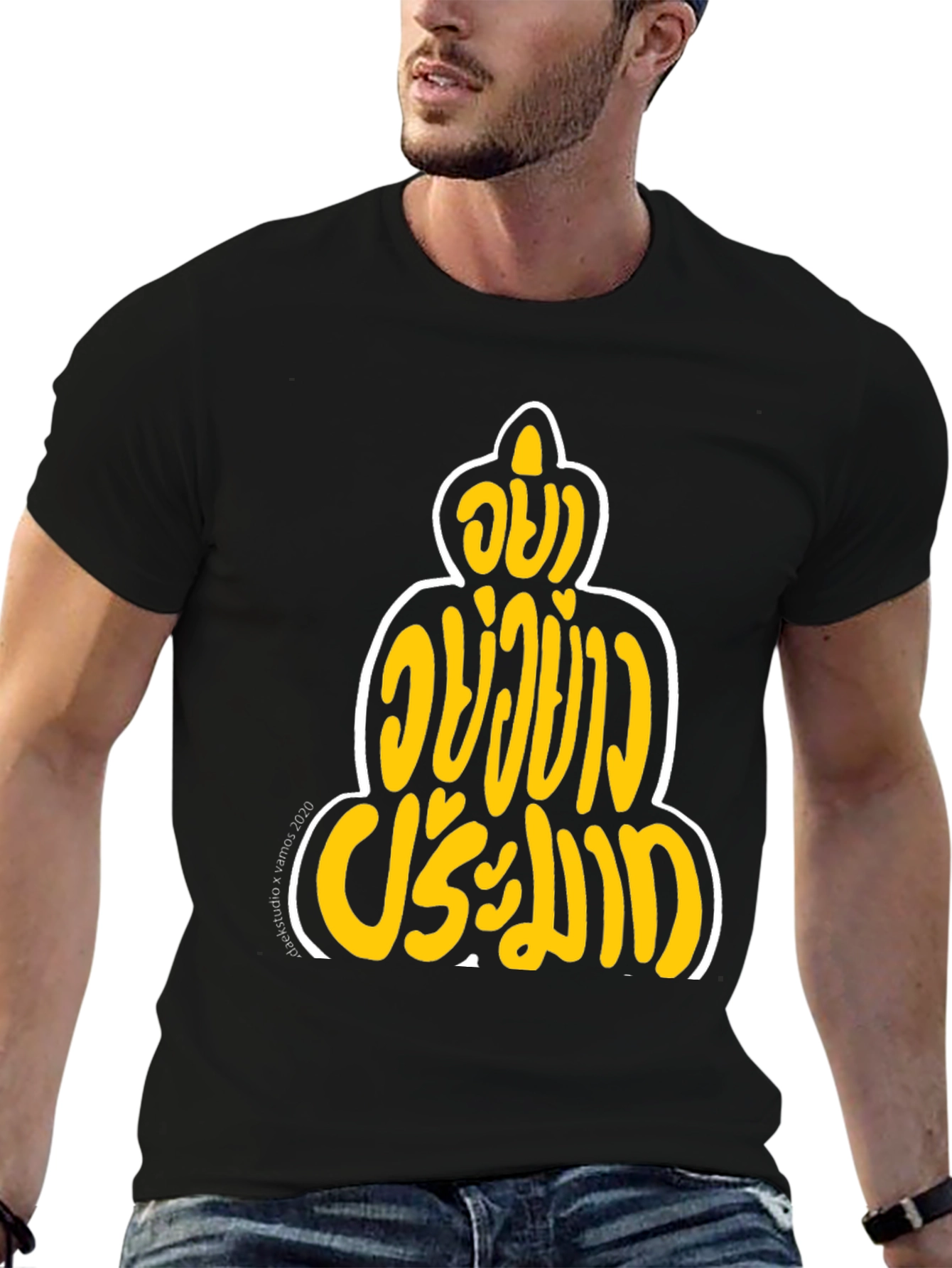Black Black T-Shirt with Thai Buddha Graphic Print view 6