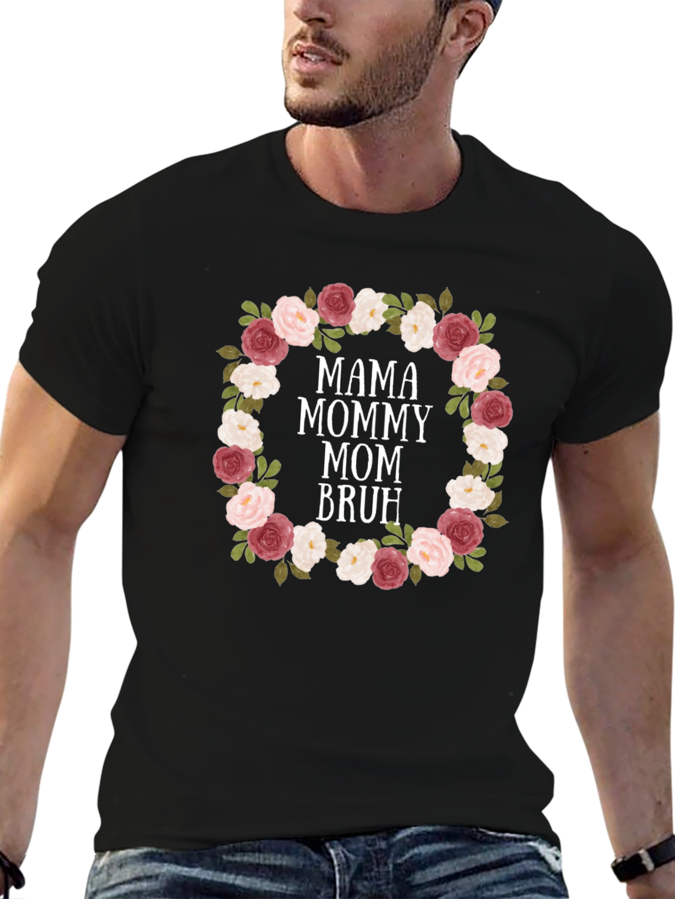 Black Mama Mommy Mom Bruh Floral Wreath T-Shirt view 6
