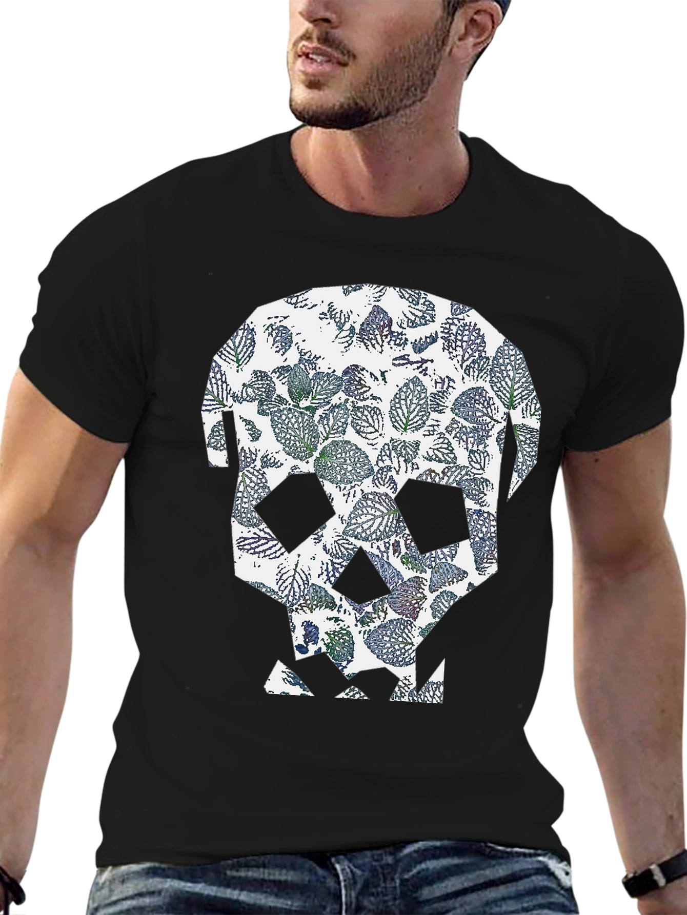 Black Leaf Skull Graphic Tee - Modern Print T-Shirt view 6