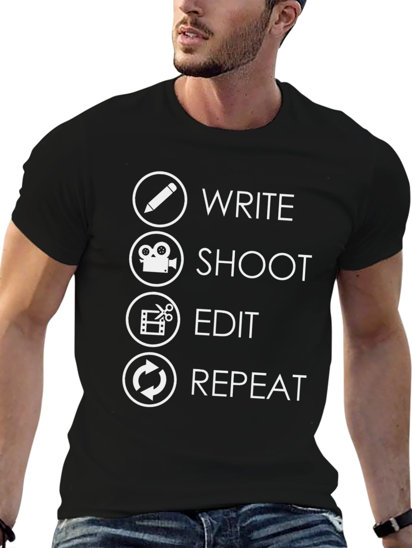 Black Write, Shoot, Edit, Repeat T-Shirt - Filmmaker Gift view 6
