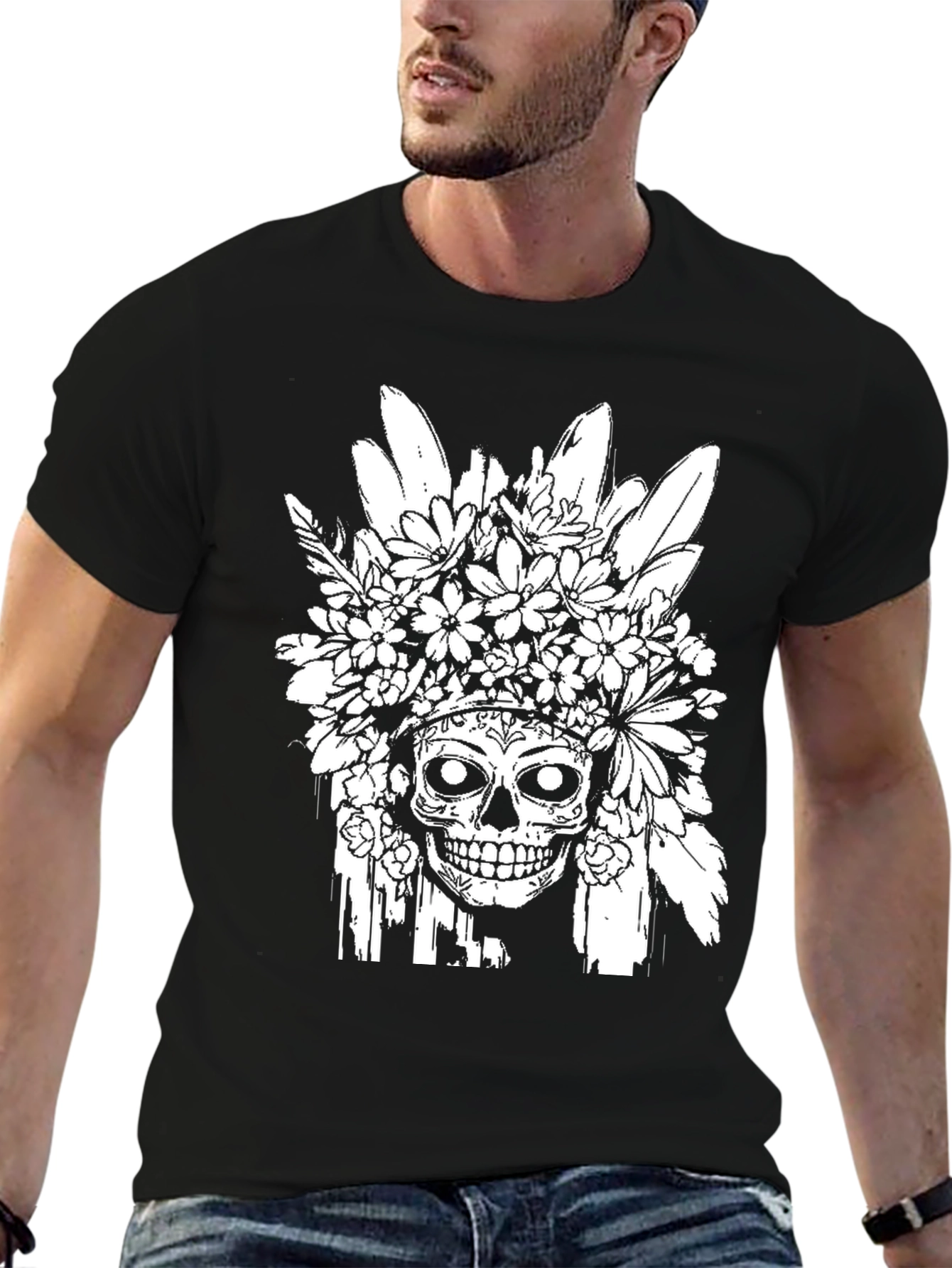 Black Floral Skull Graphic T-Shirt - Black view 6
