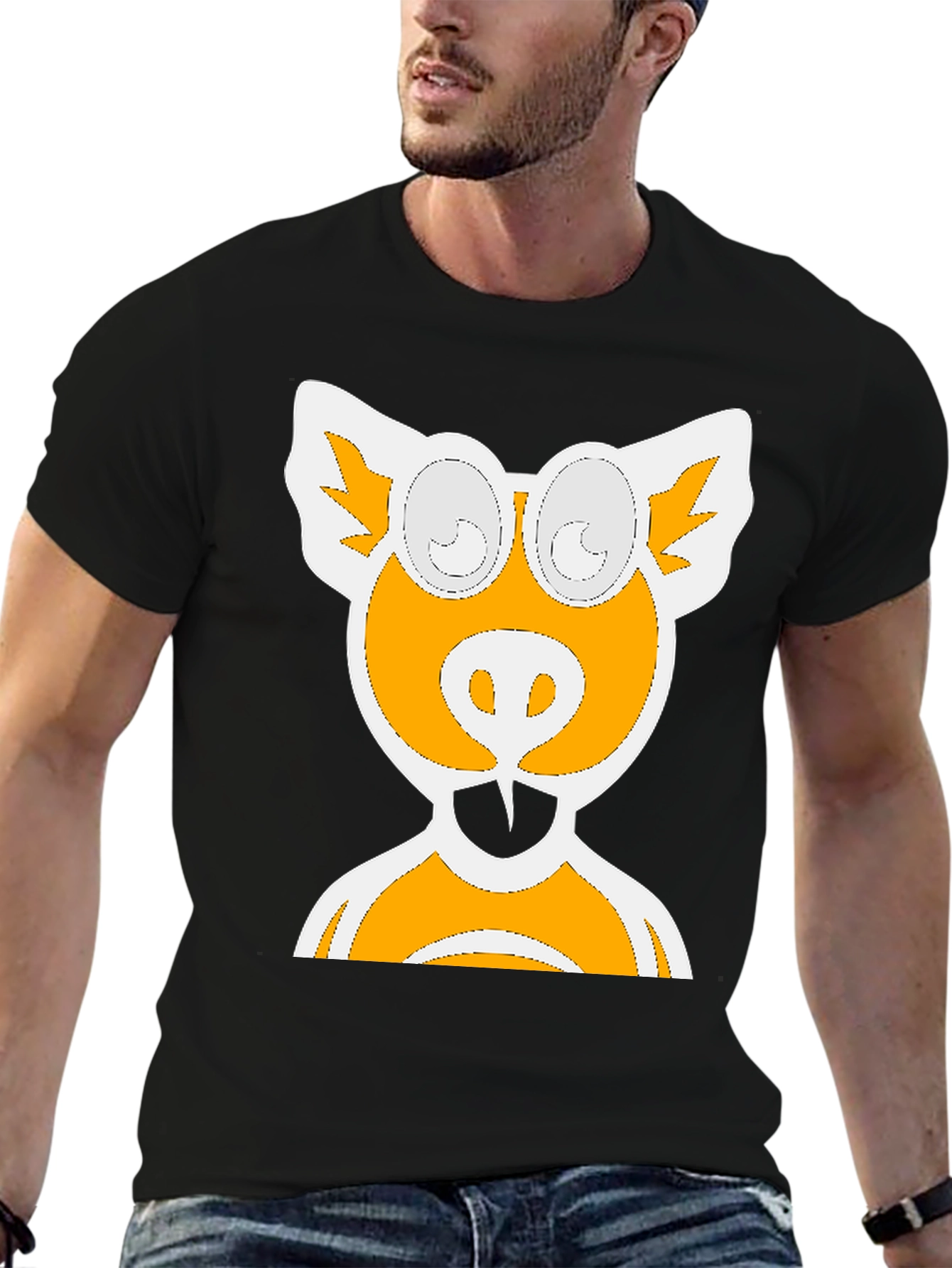 Black Cartoon Pig Graphic Tee - Black Cotton Blend view 6