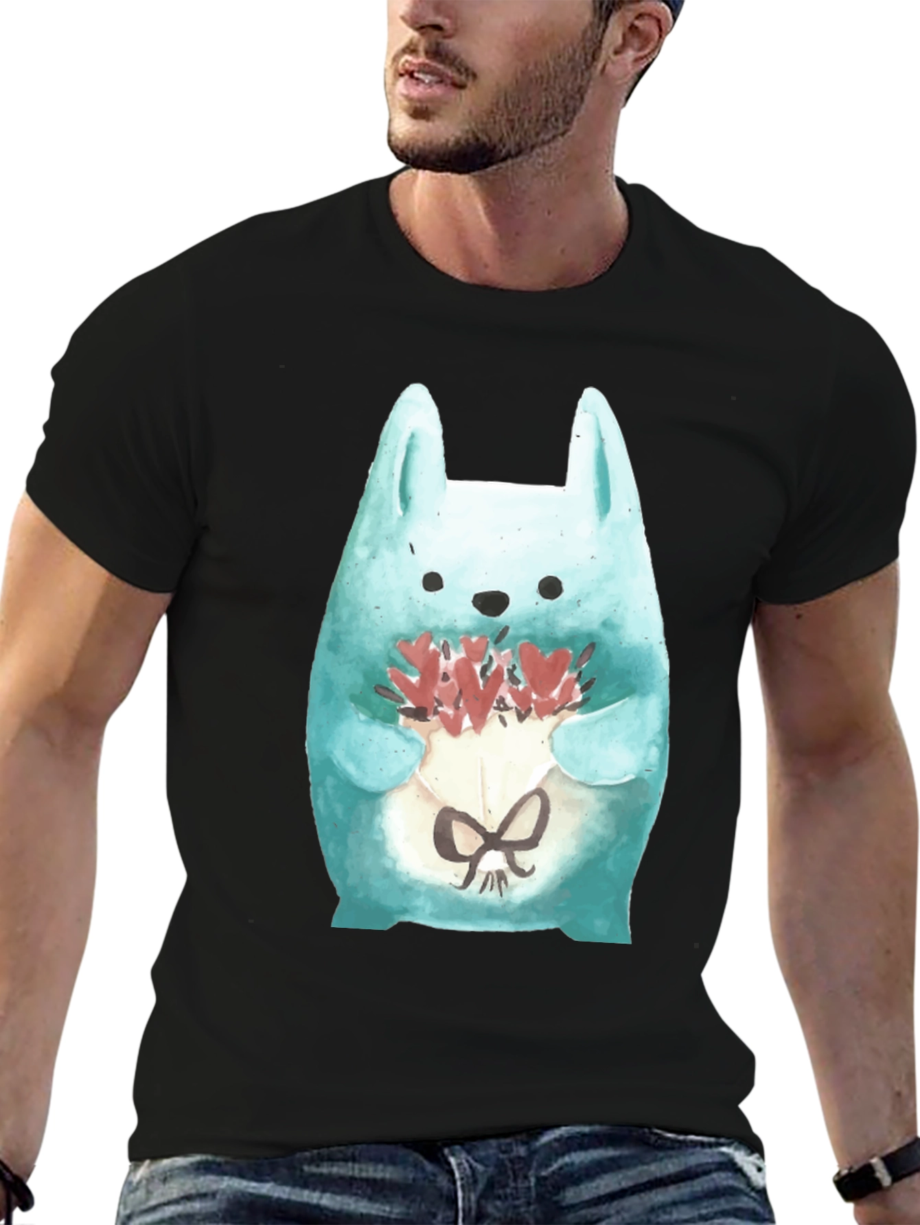 Black Cute Bunny Holding Flowers T-Shirt view 6