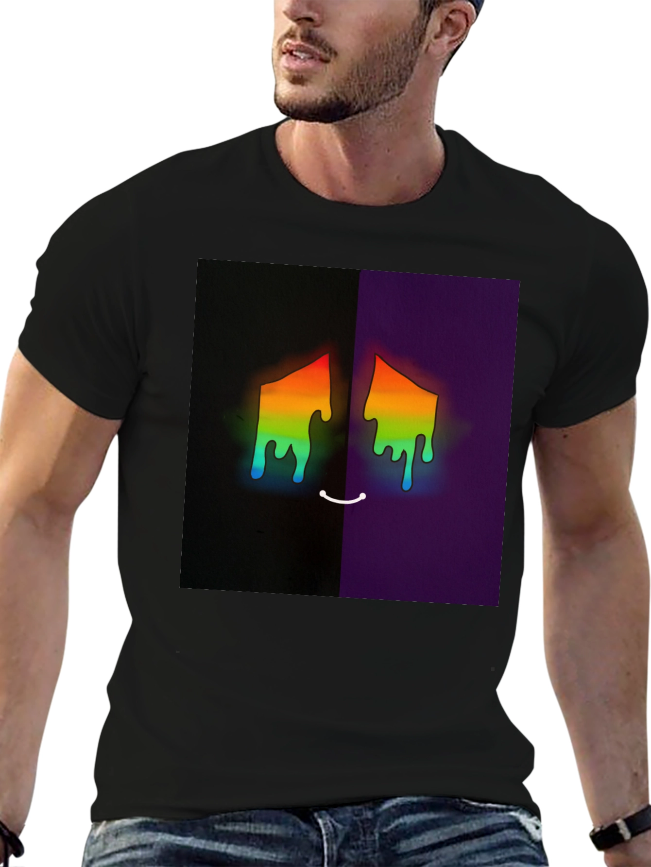 Black Rainbow Drip Face Graphic Tee - Unisex Black T-Shirt view 6