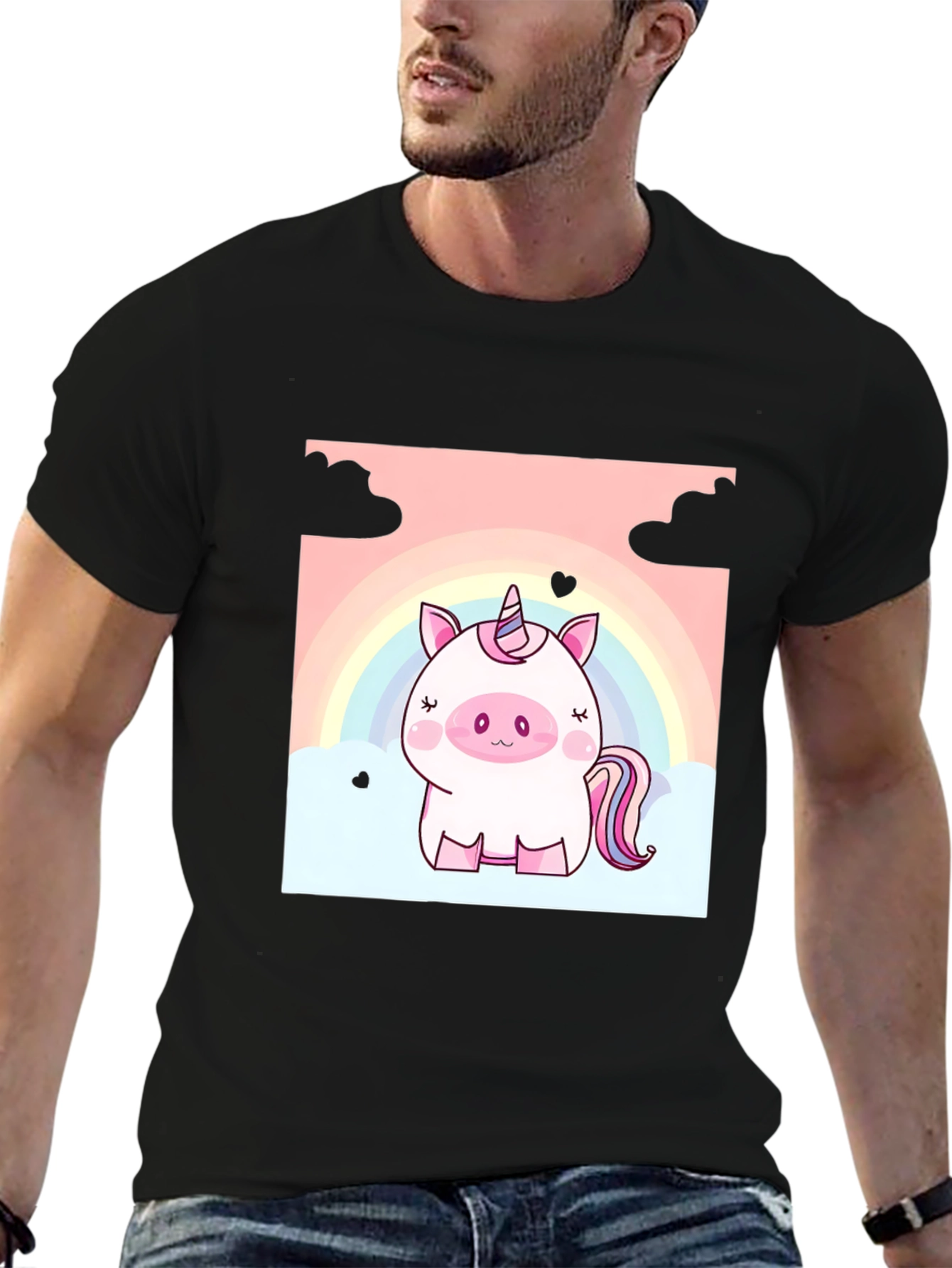 Black Cute Unicorn Graphic Tee - Black Cotton T-Shirt view 6