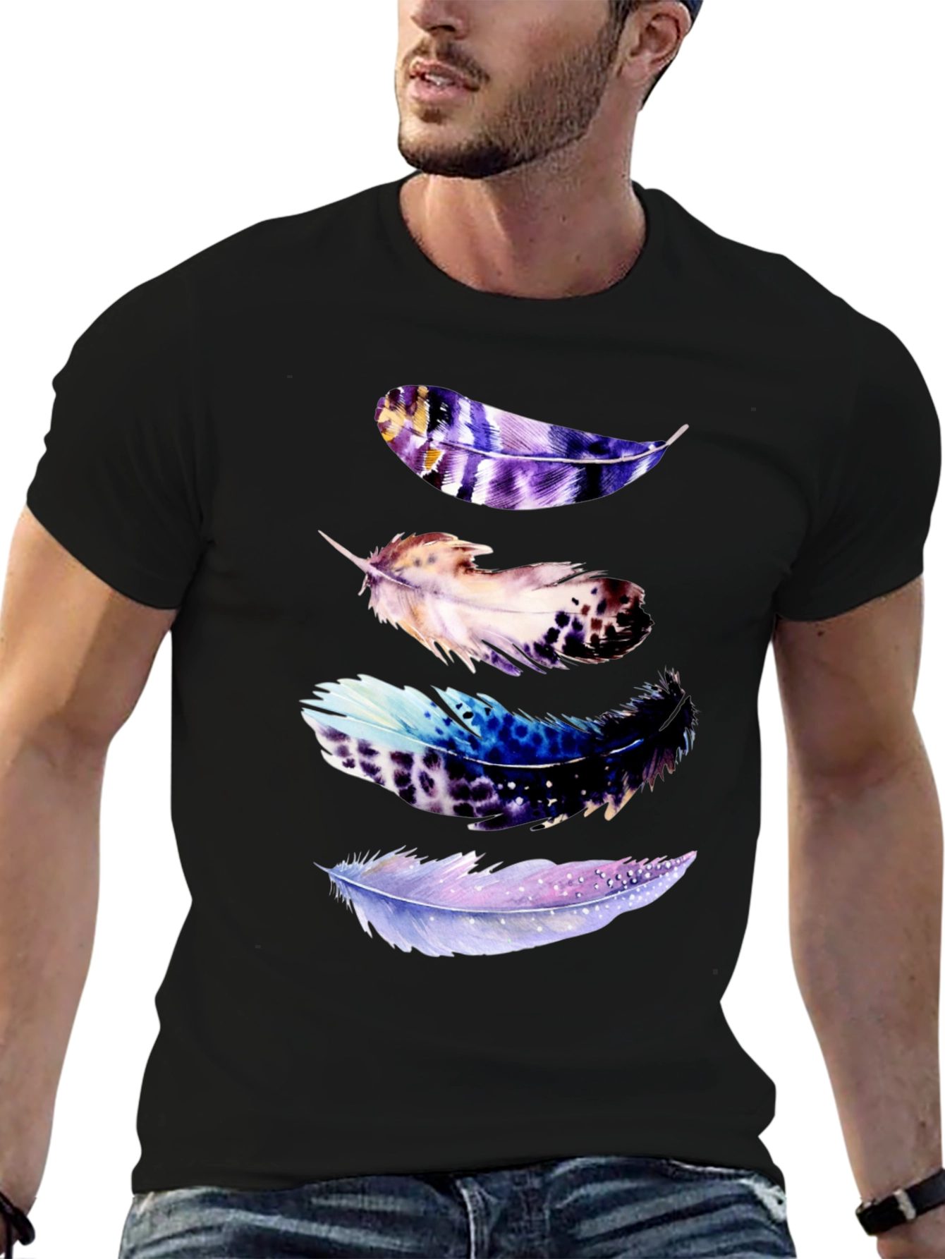 Black Feather Print Black T-Shirt view 6