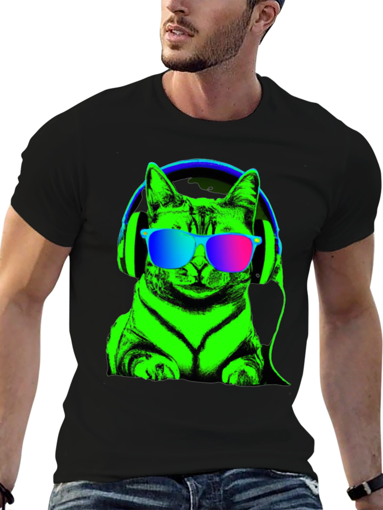 Black Cool Cat Tee: Neon Cat with Headphones T-Shirt view 6