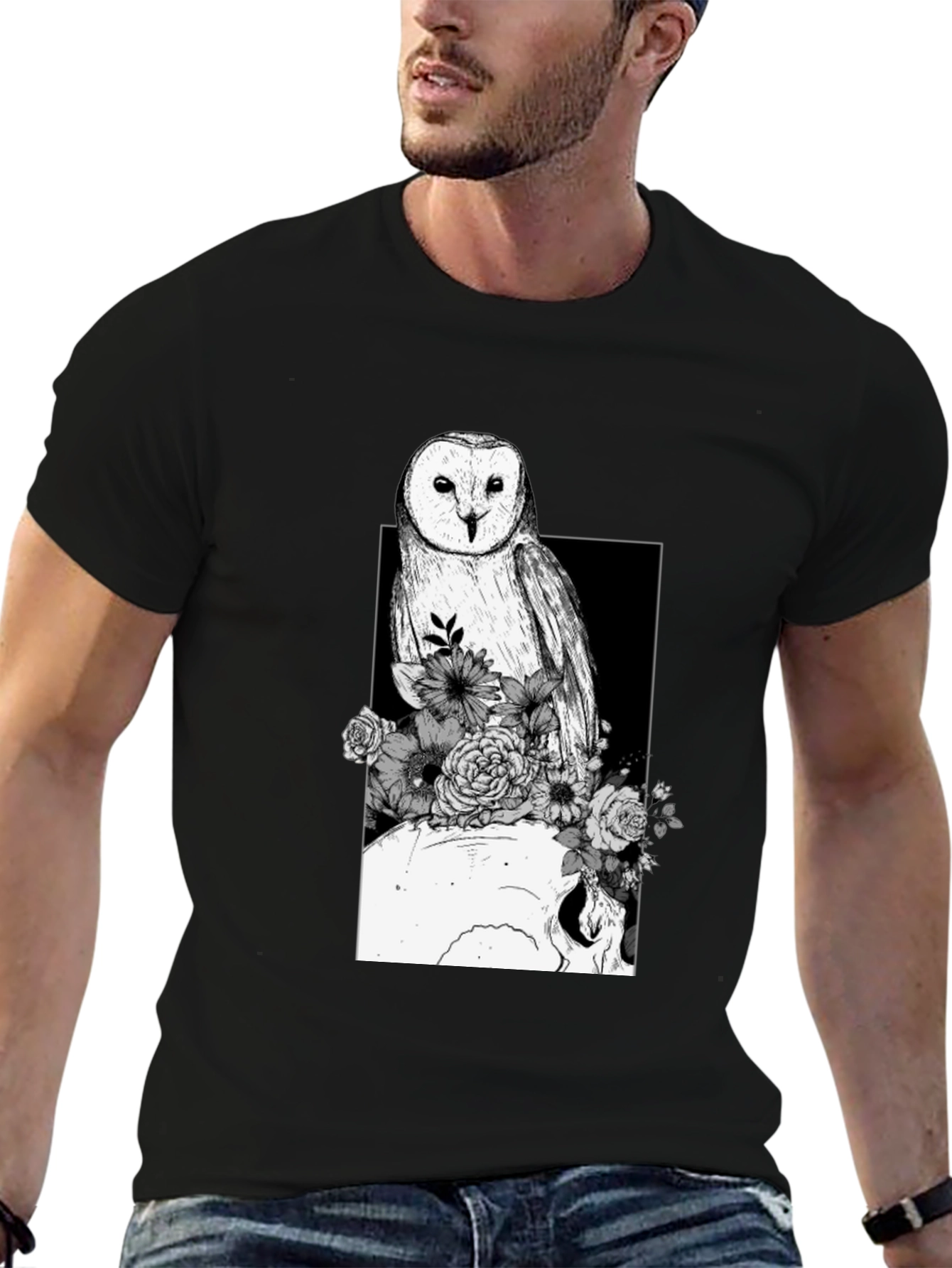 Black Owl Skull Floral Black Tee view 6